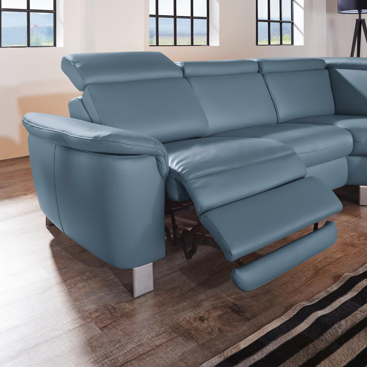 ECKSOFA in Echtleder Blau  271/239 cm  - Blau/Alufarben, Design, Leder/Metall (271/239cm) - Cantus