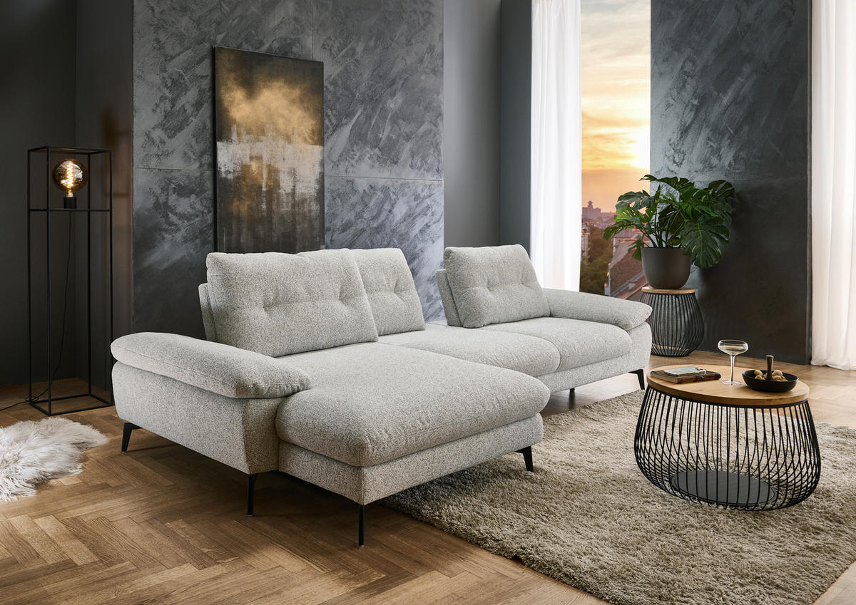 ECKSOFA Hellgrau Flachgewebe  - Hellgrau/Schwarz, Design, Textil/Metall (168/303cm) - Valdera