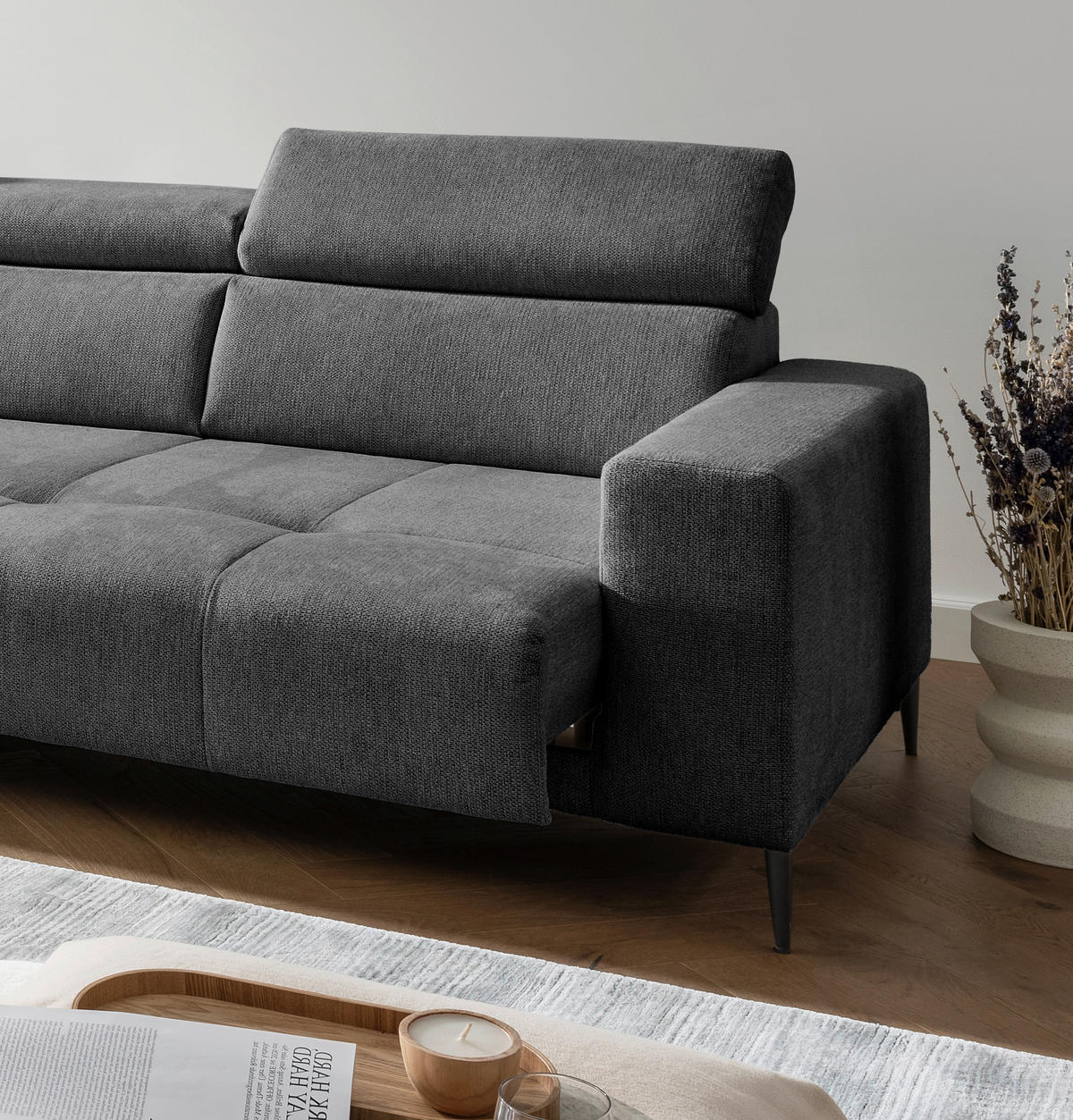 ECKSOFA Chenille Anthrazit  - Anthrazit/Schwarz, Konventionell, Textil/Metall (225/305cm) - Livetastic