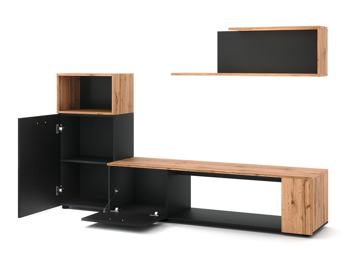 WOHNWAND 3-teilig  in Eiche Wotan, Schwarz  200/160/40 cm  - Silberfarben/Eiche Wotan, Design, Holzwerkstoff/Kunststoff (200/160/40cm) - MID.YOU