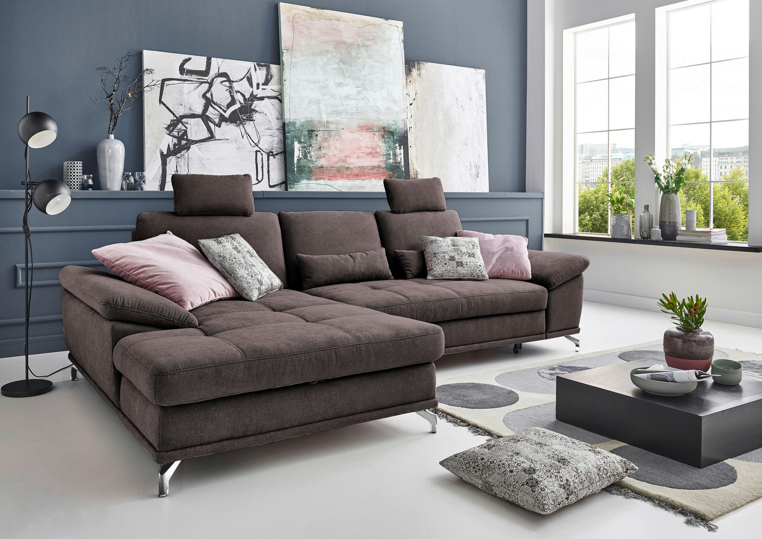 ECKSOFA Dunkelbraun Flachgewebe Bettkasten, Schlaffunktion, Sitztiefenverstellung, Kopfstütze, Liegefläche im Originalstoff  - Dunkelbraun/Silberfarben, KONVENTIONELL, Textil/Metall (176/301cm) - Sit & More