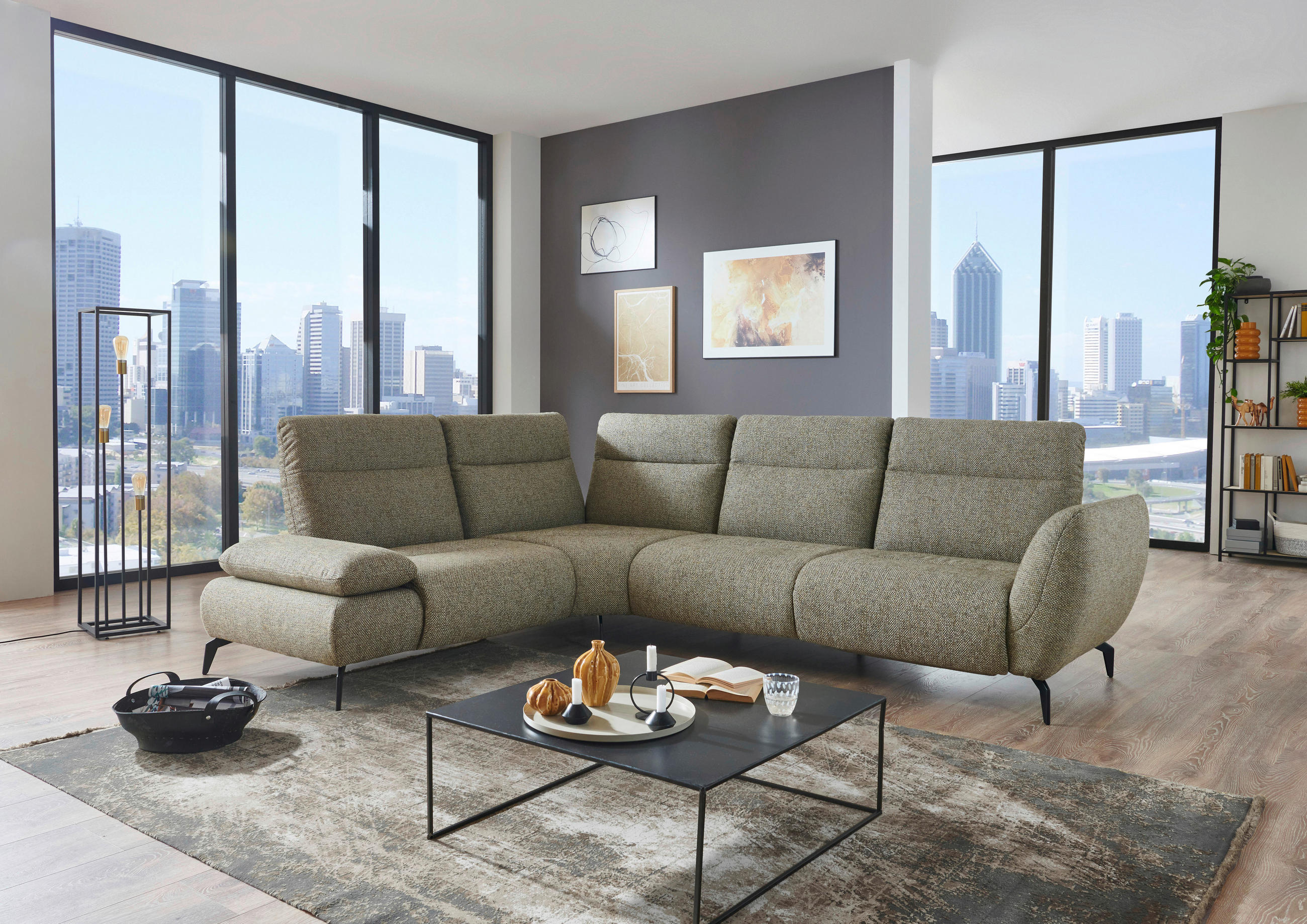 ECKSOFA in Webstoff Creme, Graubraun  - Graubraun/Creme, Design, Textil/Metall (223/290cm) - Moderano