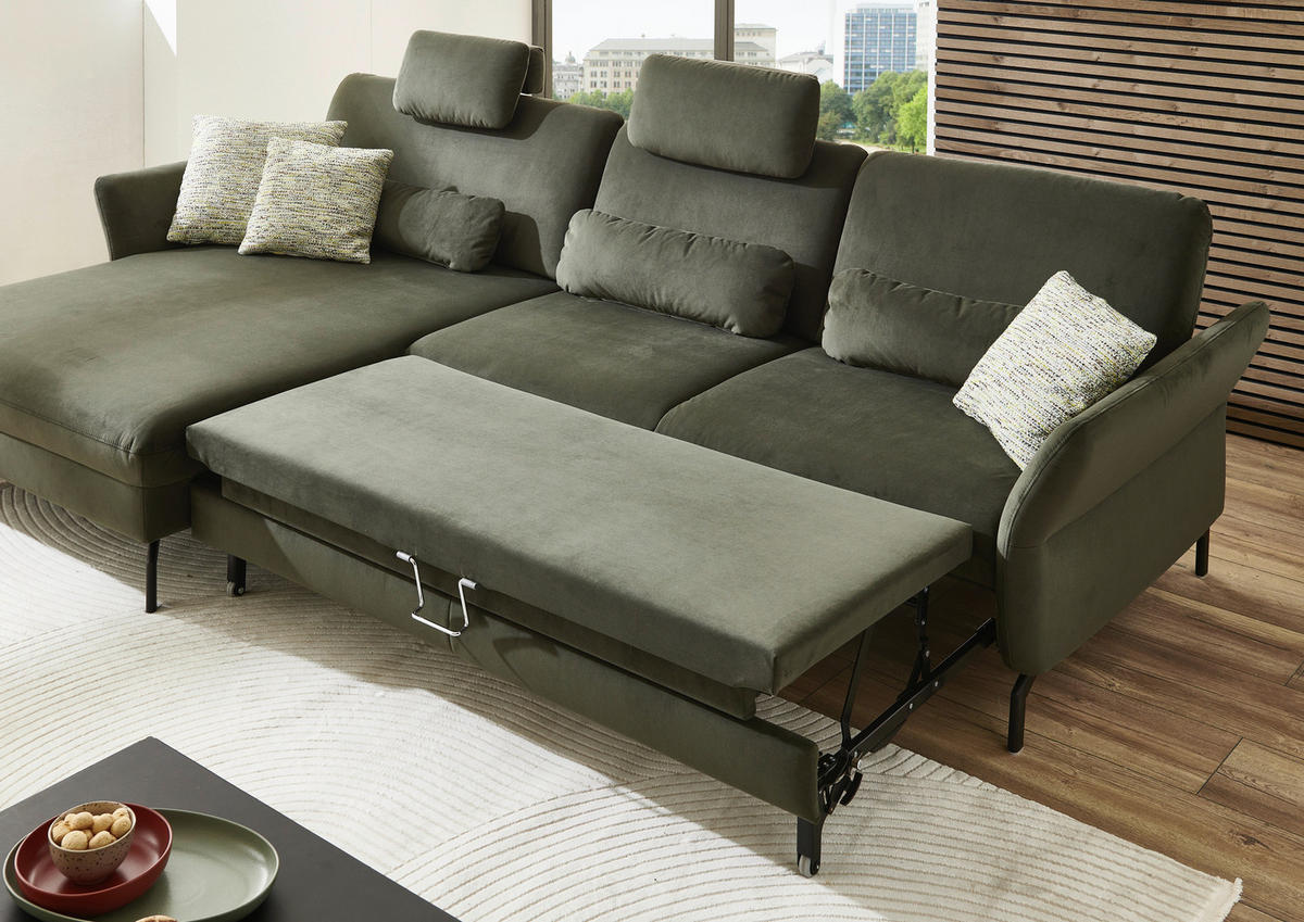 ECKSOFA in Velours Olivgrün  - Schwarz/Olivgrün, Design, Textil/Metall (179/306cm) - Beldomo System