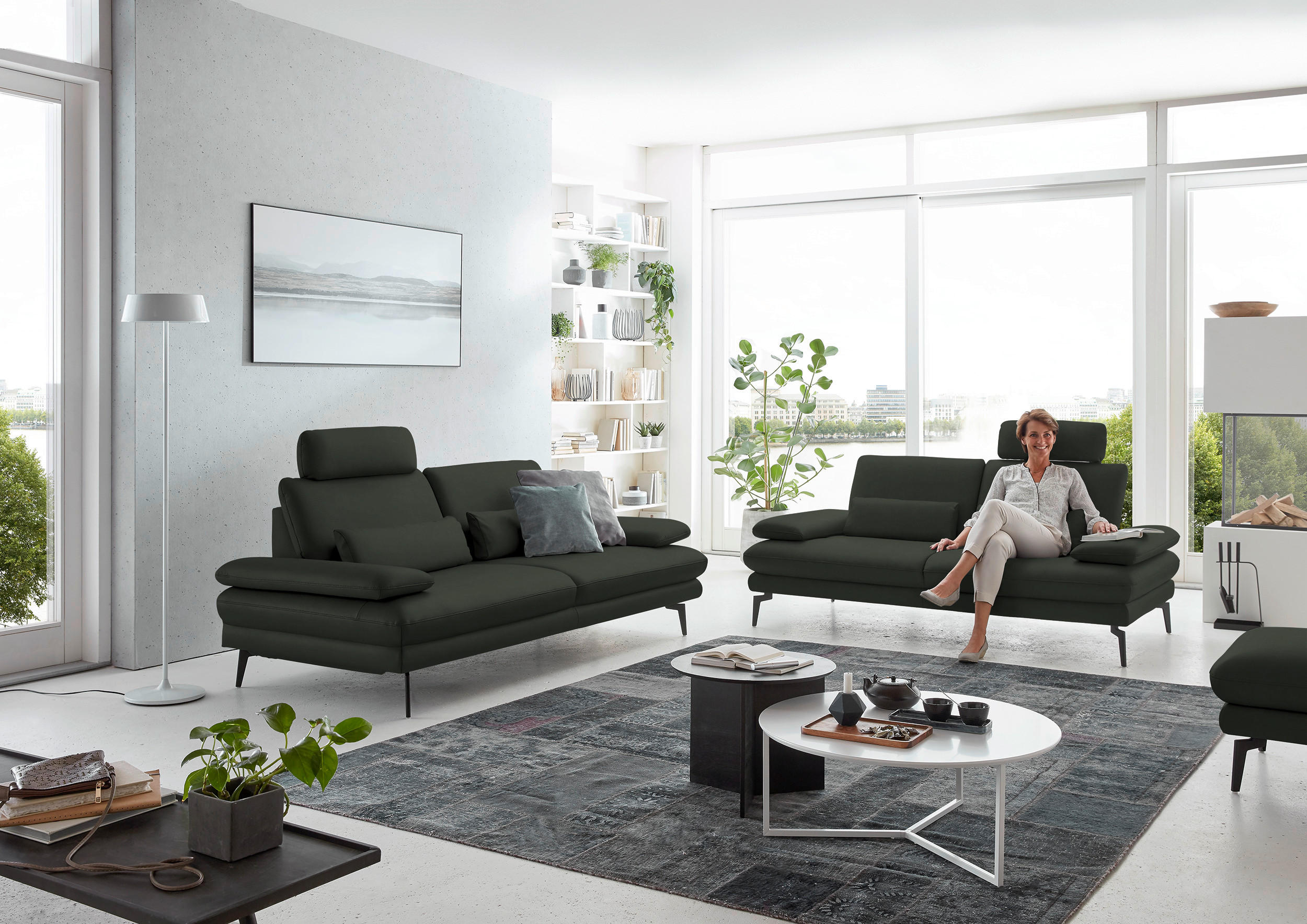 3-SITZER-SOFA in Echtleder Dunkelgrün  - Dunkelgrün/Schwarz, Design, Leder/Metall (222/86/104cm) - Dieter Knoll