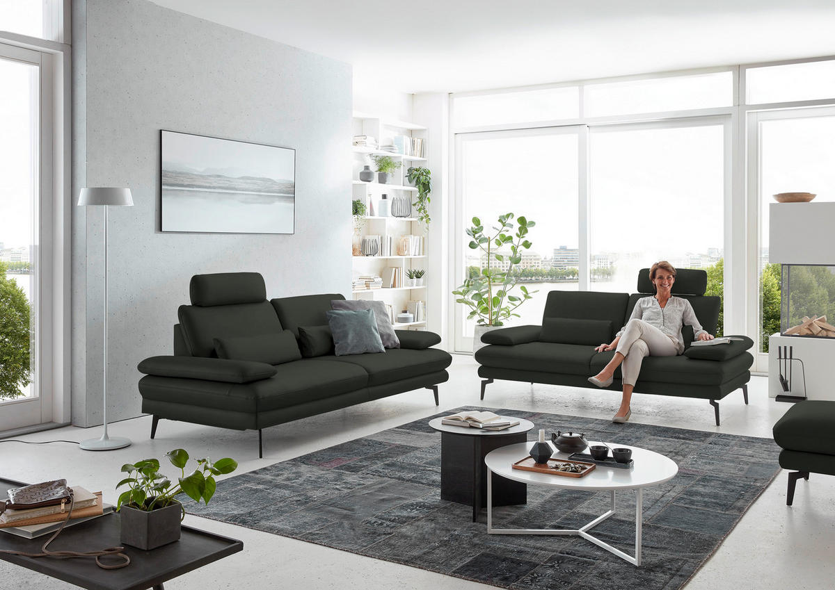 3-SITZER-SOFA in Echtleder Dunkelgrün  - Dunkelgrün/Schwarz, Design, Leder/Metall (222/86/104cm) - Dieter Knoll