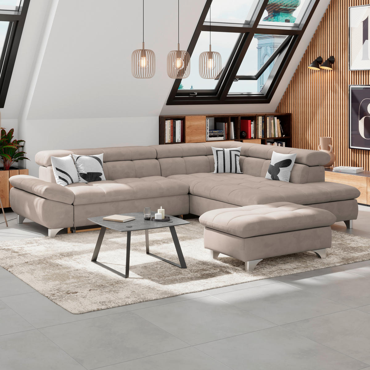 ECKSOFA Beige Chenille  - Chromfarben/Beige, KONVENTIONELL, Textil/Metall (312/234cm) - Livetastic
