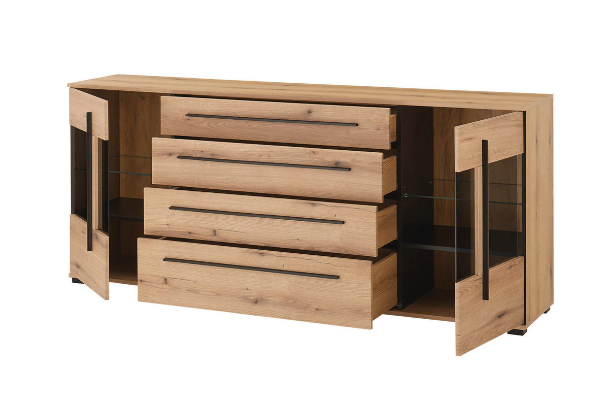 SIDEBOARD  200/86/42 cm 4 Schublade(n)  - Eichefarben/Schwarz, Design, Glas/Holzwerkstoff (200/86/42cm) - Livetastic