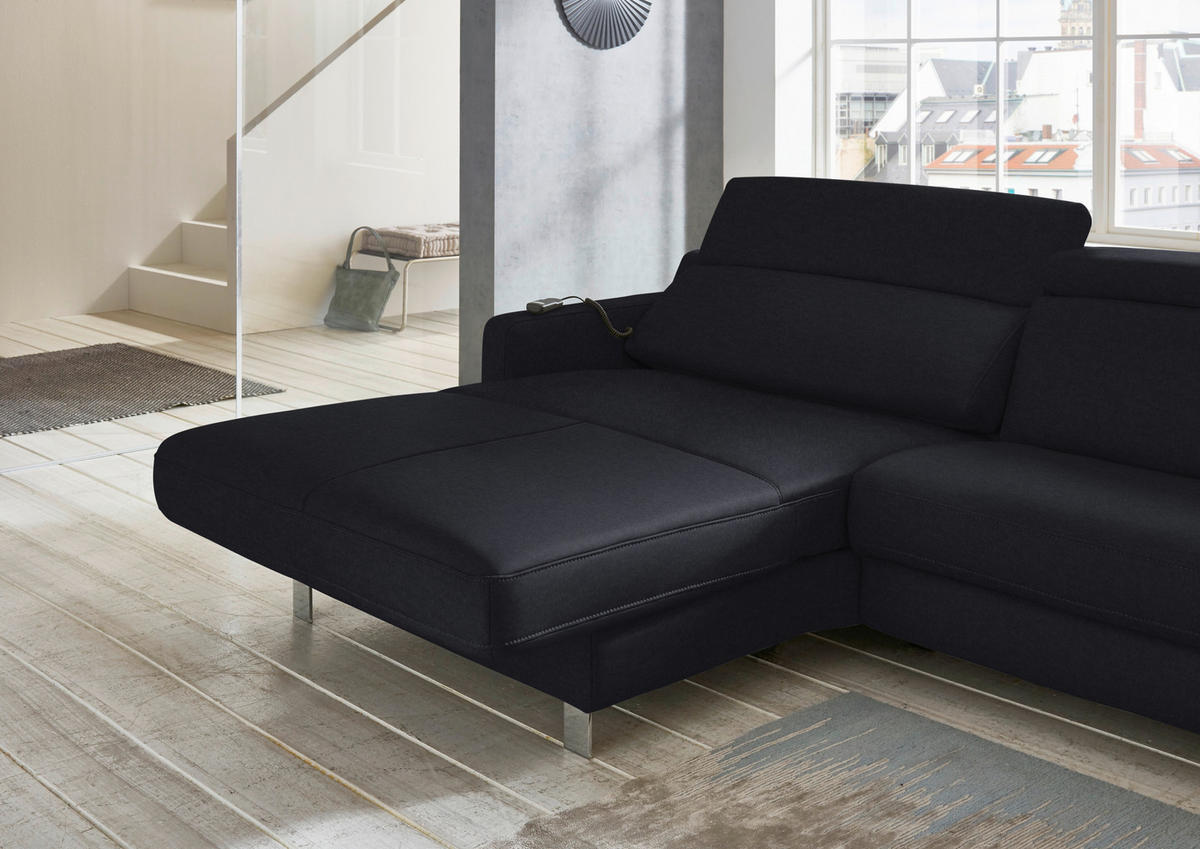 ECKSOFA in Echtleder Schwarz  - Chromfarben/Schwarz, Design, Leder/Metall (176/291cm) - Valdera