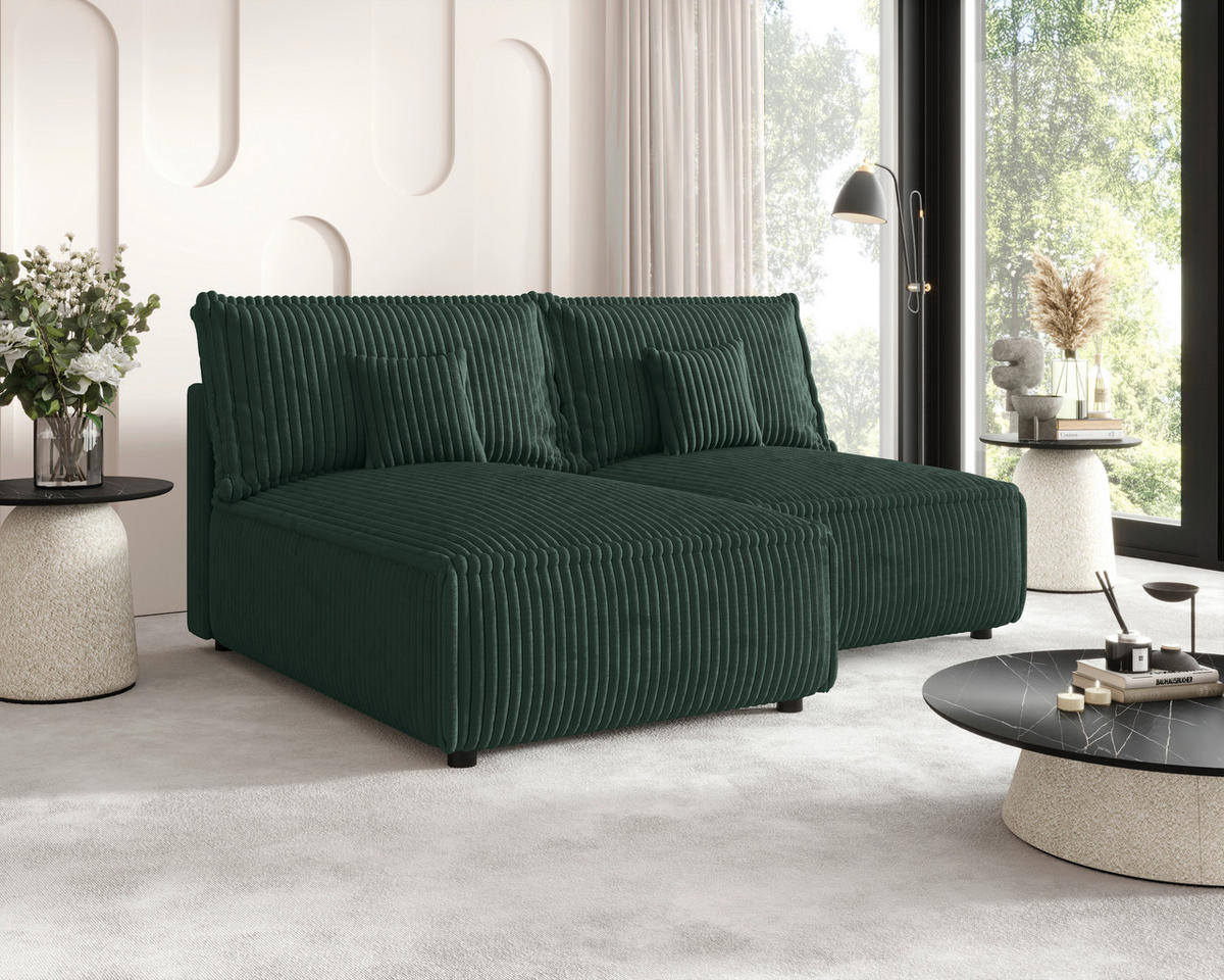 ECKSOFA Dunkelgrün Cord Zierkissen, Rückenkissen, Schlaffunktion, Rücken echt  - Dunkelgrün/Schwarz, MODERN, Kunststoff/Textil (153/200cm) - Xora
