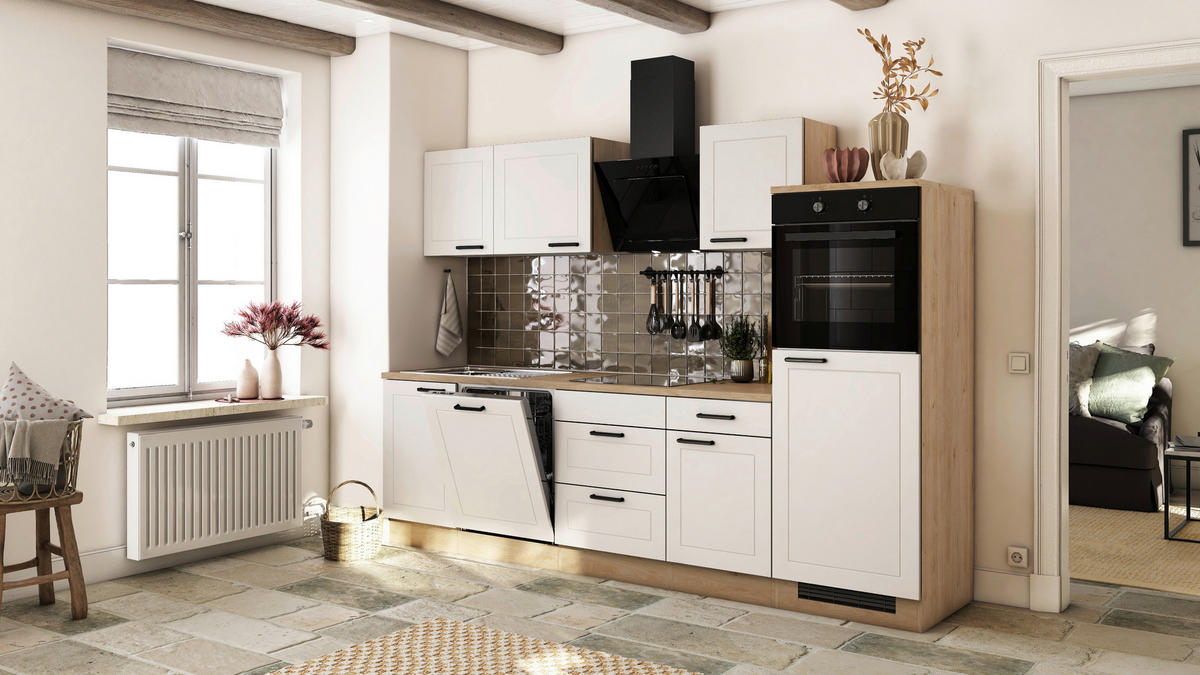 KÜCHENBLOCK 280 cm   in Weiß, Eichefarben  - Eichefarben/Schwarz, Basics, Holzwerkstoff/Metall (280cm) - FlexWell