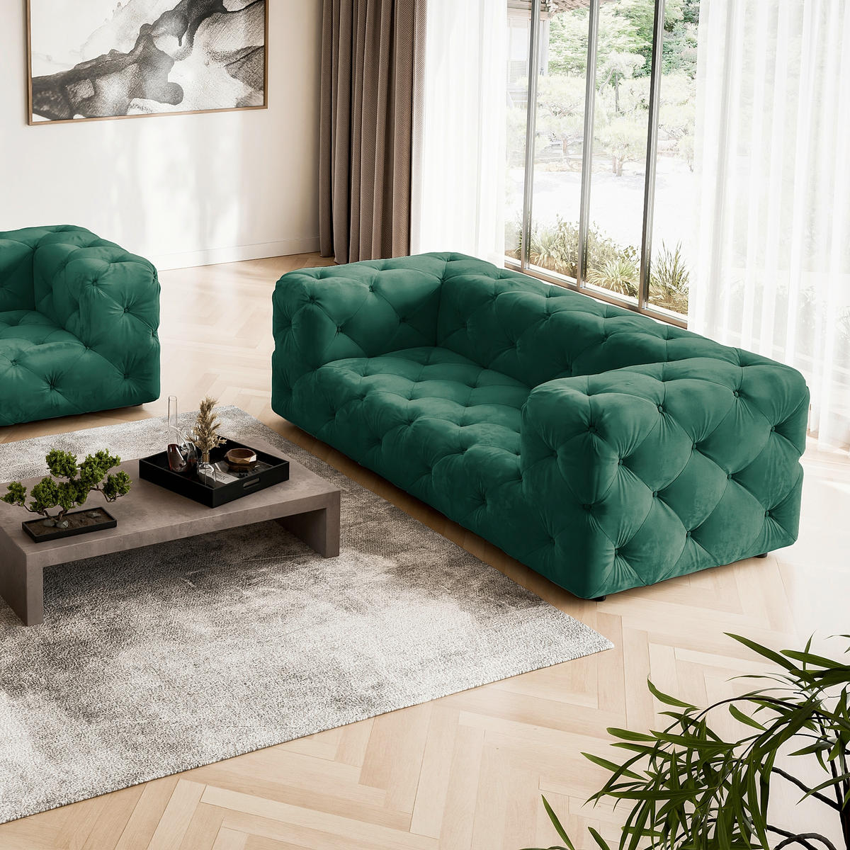 2-SITZER-SOFA Fresco in Samt Dunkelgrün  - Dunkelgrün/Schwarz, Design, Kunststoff/Textil (193/71/100cm) - P & B