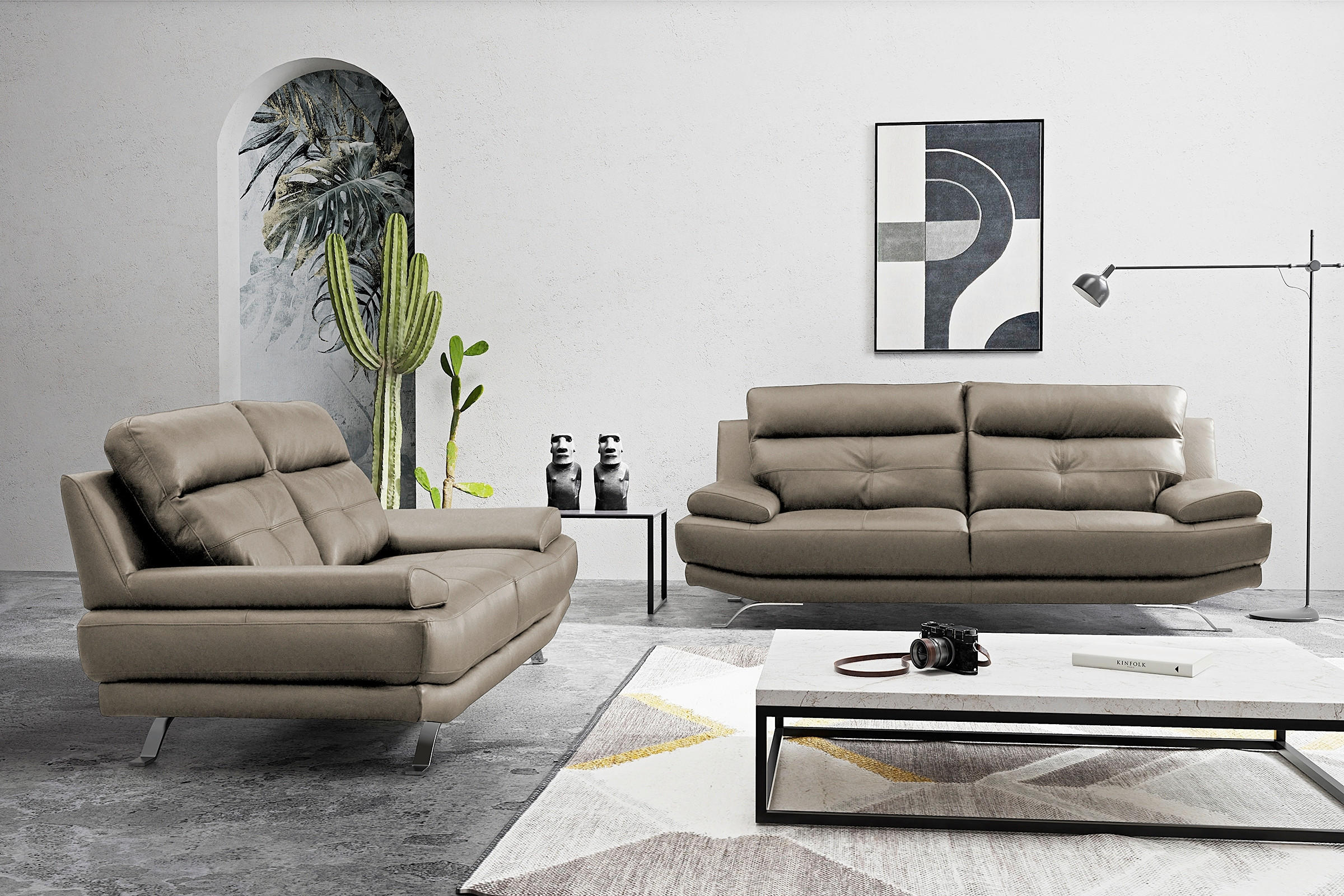 3-SITZER-SOFA Echtleder Taupe  - Taupe/Chromfarben, Design, Leder/Metall (225/92/99cm) - Livetastic