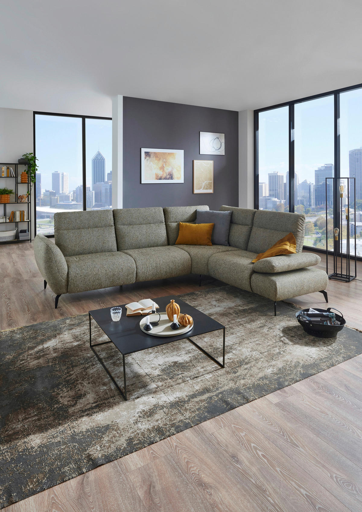 ECKSOFA in Webstoff Creme, Graubraun  - Graubraun/Creme, Design, Textil/Metall (290/223cm) - Moderano