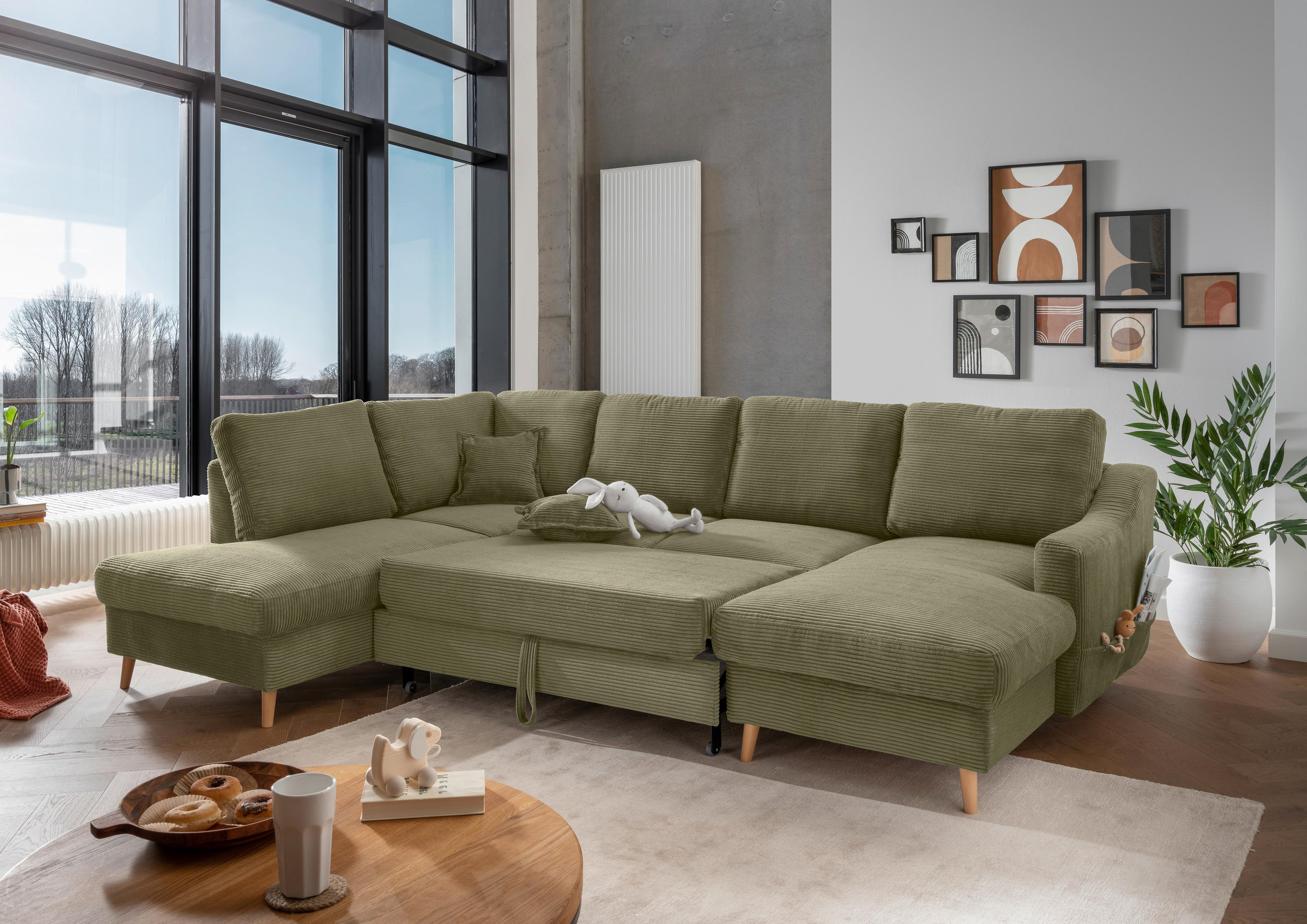 WOHNLANDSCHAFT in Cord Olivgrün - Naturfarben/Olivgrün, Konventionell, Holz/Textil (200/301/150cm) - P & B