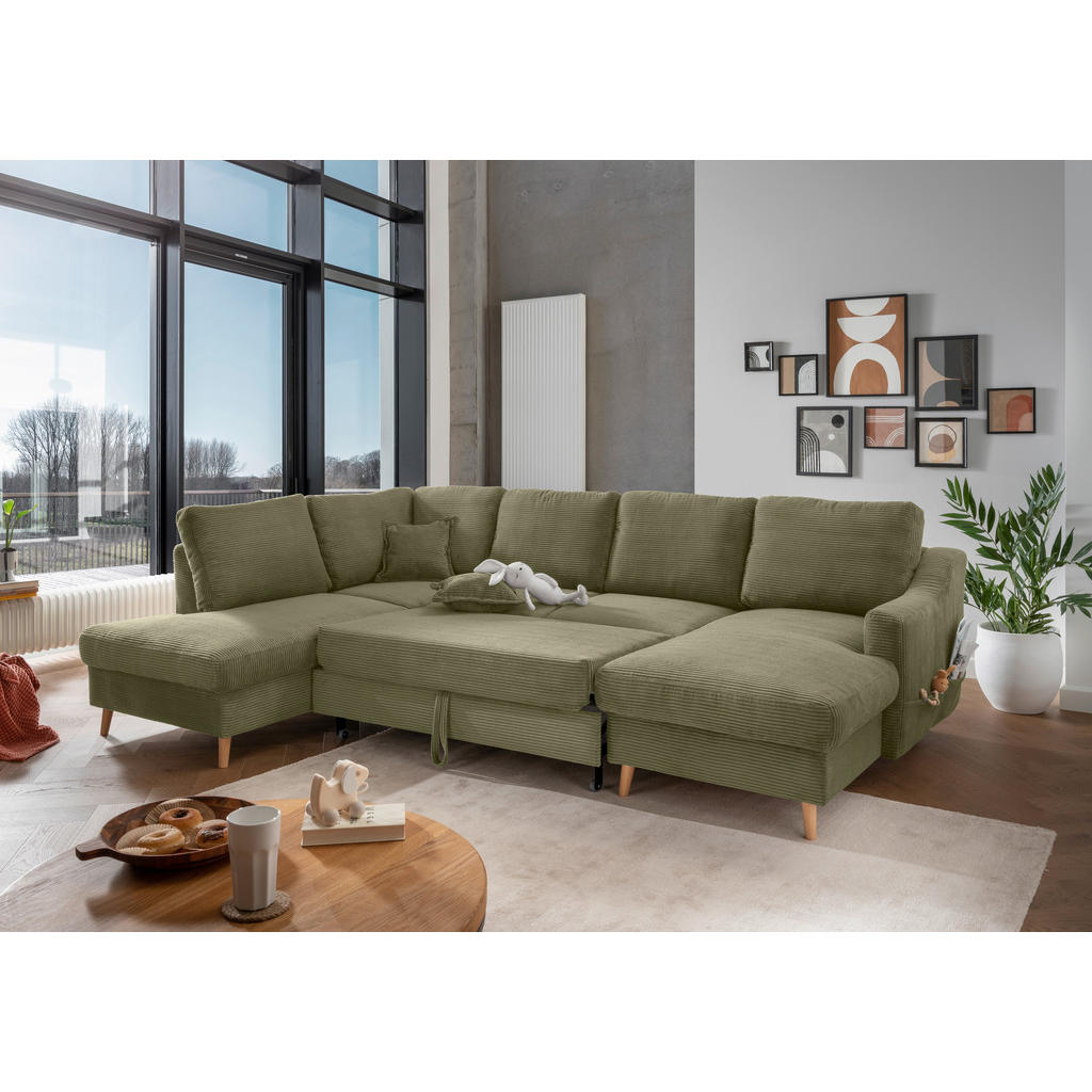Thumbnail - P & B Wohnlandschaft, Olivgrün, Textil, Buche, Uni, 6-Sitzer, Füllung: Schaumstoff, U-Form, 301x200 cm, Made in EU, Type...