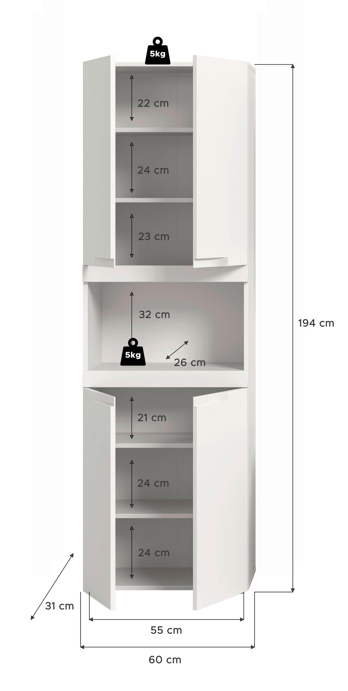 HOCHSCHRANK 60/194/31 cm  - Schwarz/Weiß, Trend, Holzwerkstoff/Kunststoff (60/194/31cm) - MID.YOU