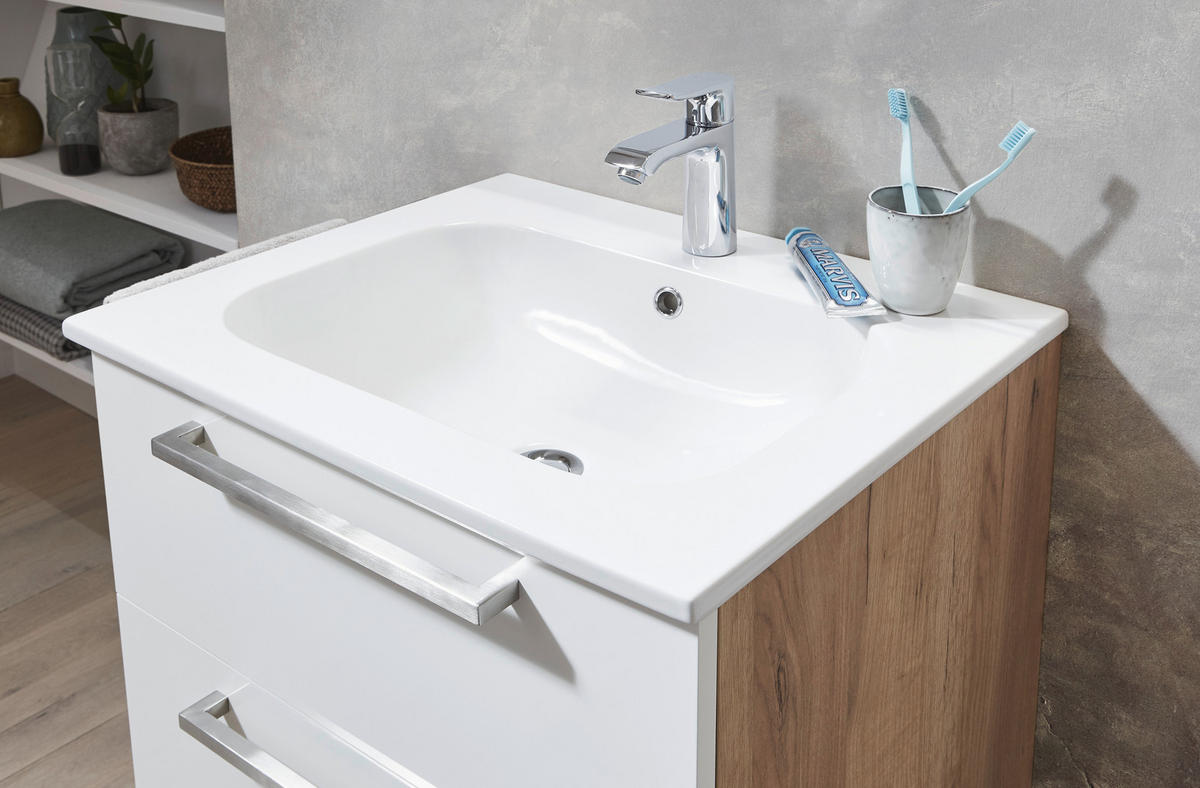 BADEZIMMER  in 60 cm  - Weiss/Eichefarben, Design, Glas/Keramik (60cm) - Dieter Knoll