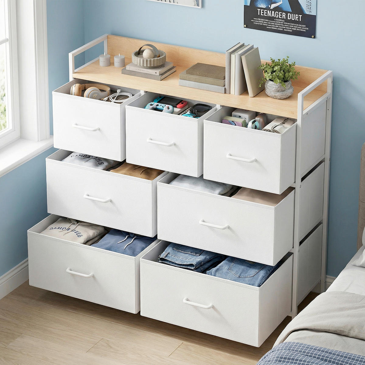 KOMMODE , 98/85/28,5 cm, 7 Schublade(n)  - Eichefarben/Weiß, Trend, Holzwerkstoff/Kunststoff (98/85/28,5cm) - Boxxx