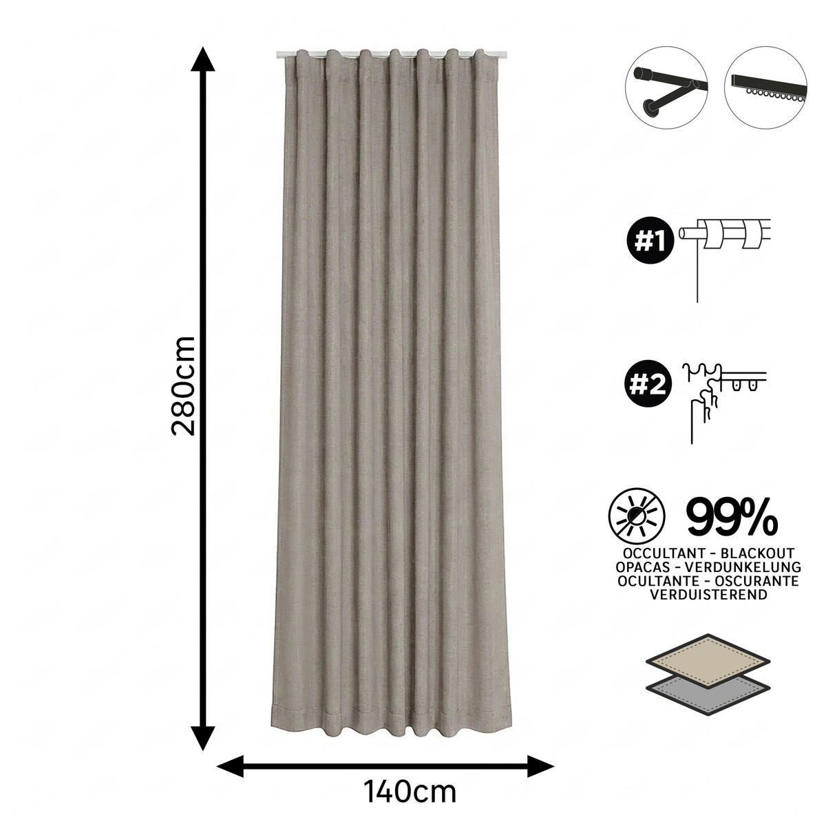 FERTIGVORHANG  black-out (lichtundurchlässig)   140/280 cm  - Graubraun, Basics, Textil (140/280cm)