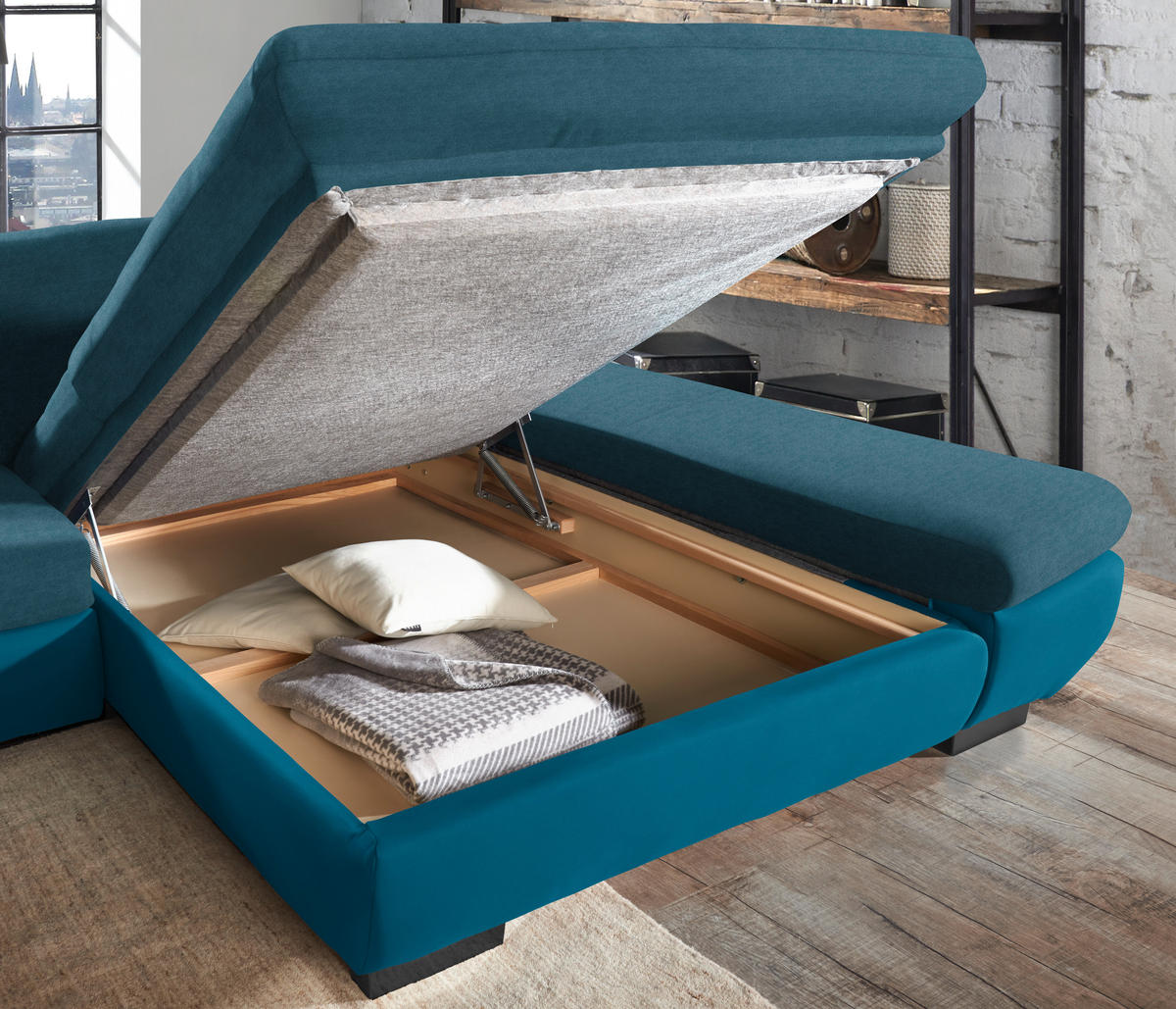 ECKSOFA in Mikrofaser Dunkelblau  - Schwarz/Dunkelblau, Design, Textil/Metall (204/341cm) - Xora