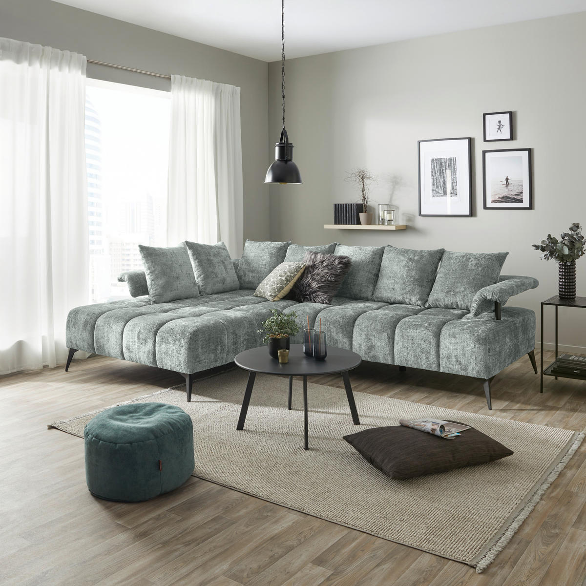 ECKSOFA VANESSA Grau Flachgewebe  - Schwarz/Grau, MODERN, Kunststoff/Textil (200/297cm) - Livetastic