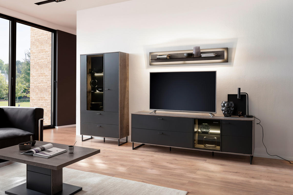 WOHNWAND  in Schwarz, Eichefarben  321/185/50 cm  - Eichefarben/Anthrazit, Design, Glas/Holz (321/185/50cm) - MID.YOU