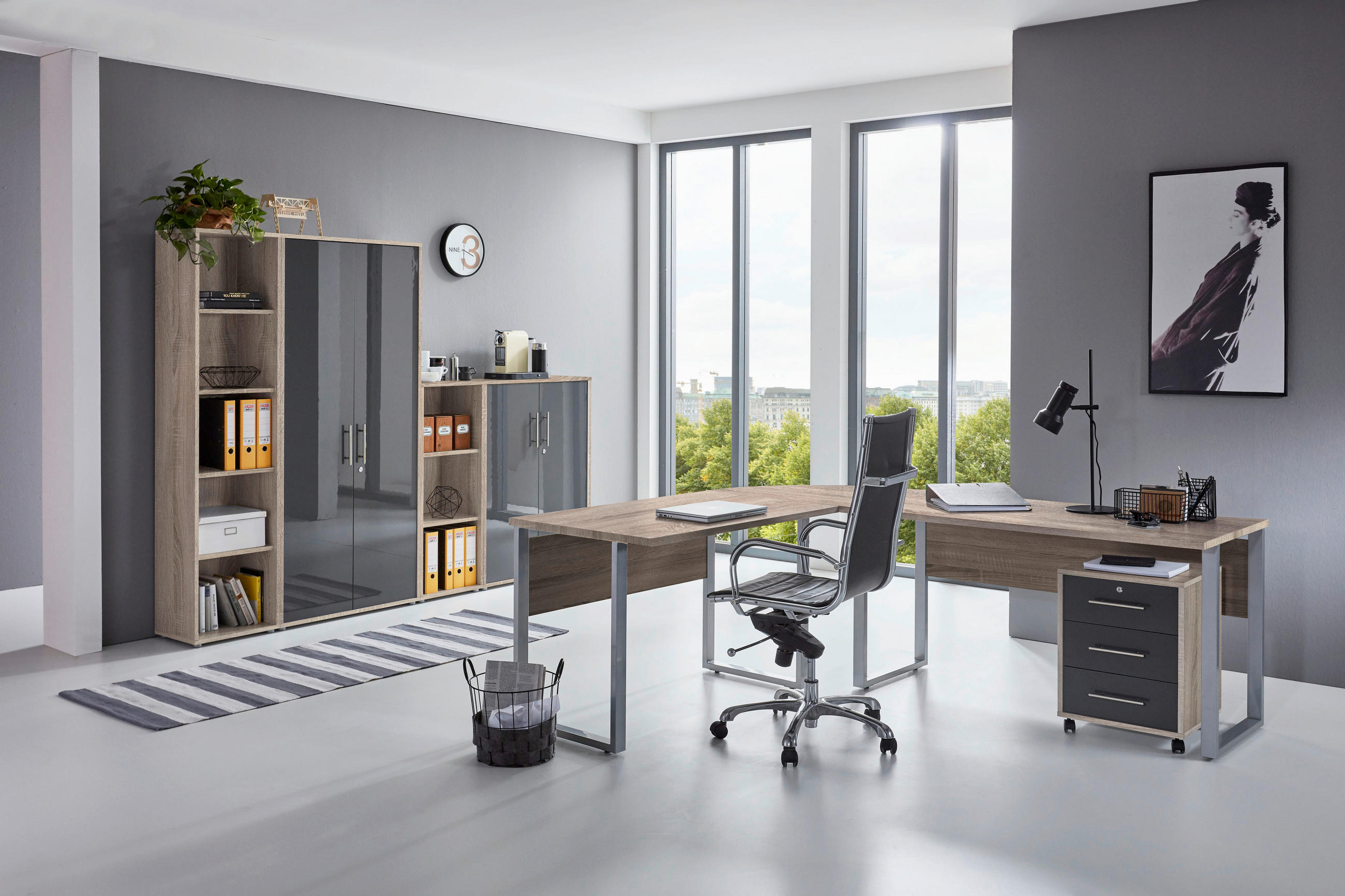 BÜRO erweiterbar, in verschiedenen Holz-Dekoren erhältlich, Schreibtisch seitenverkehrt montierbar, abschließbar Sonoma Eiche, Anthrazit Hochglanz - Anthrazit Hochglanz/Sonoma Eiche, MODERN, Holzwerkstoff - MID.YOU