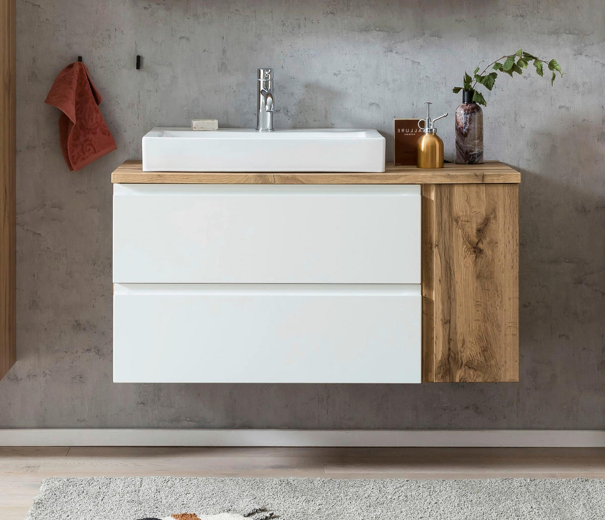 SKRINKA S UMÝVADLOM, 105 cm - biela/dub wotan, Modern, kompozitné drevo/keramika (105cm) - Held