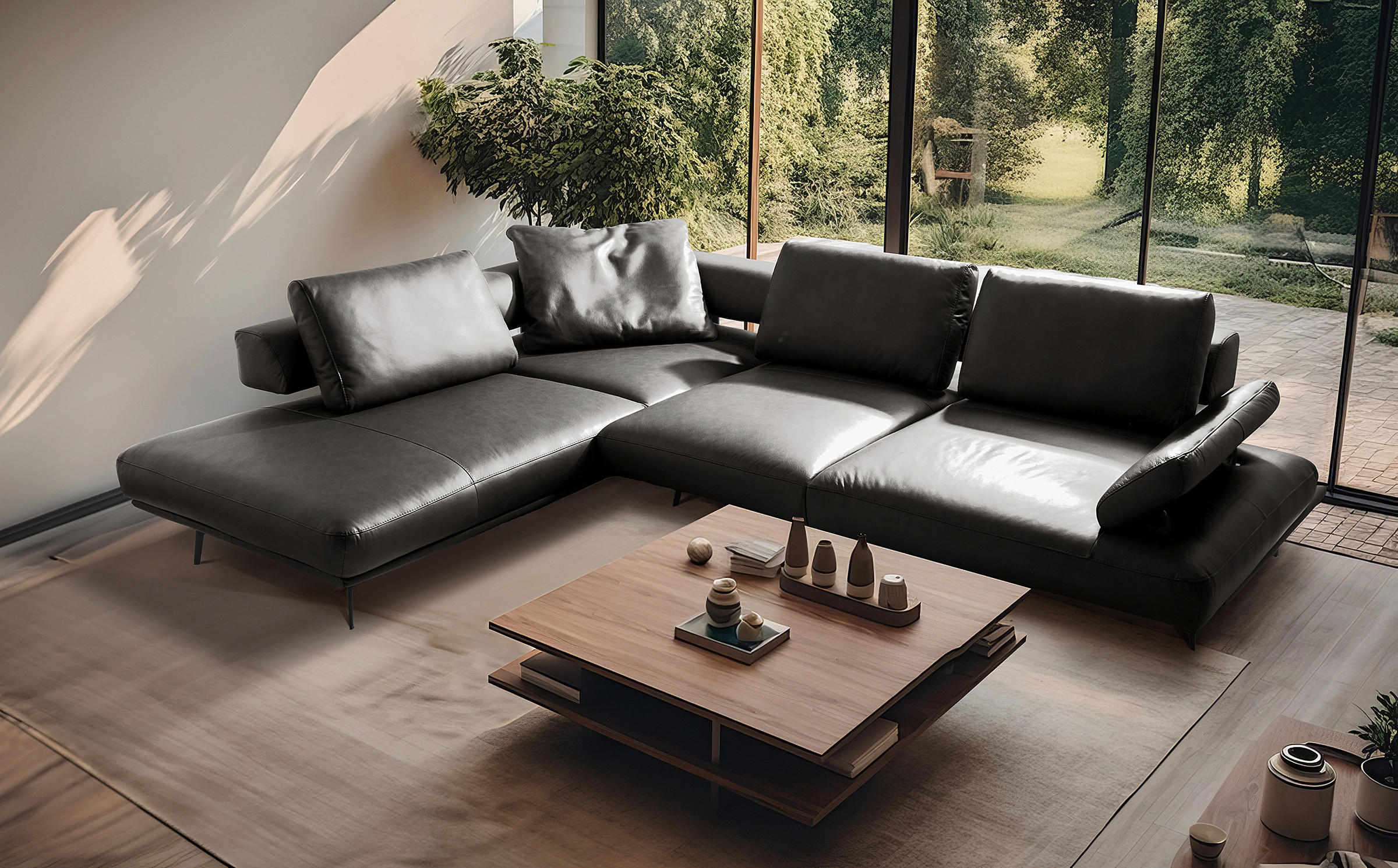 ECKSOFA Anthrazit Echtleder  - Anthrazit/Schwarz, Design, Leder/Metall (237/306cm) - Livetastic