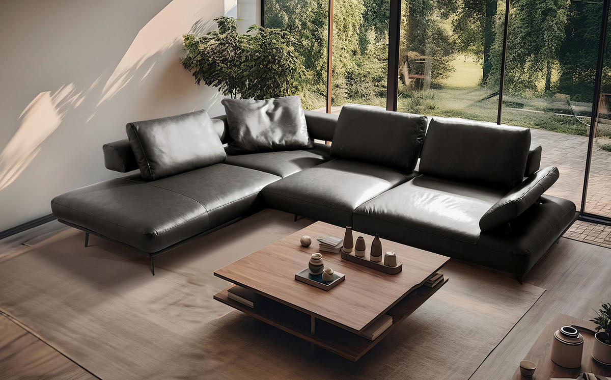 ECKSOFA Anthrazit Echtleder  - Anthrazit/Schwarz, Design, Leder/Metall (237/306cm) - Livetastic