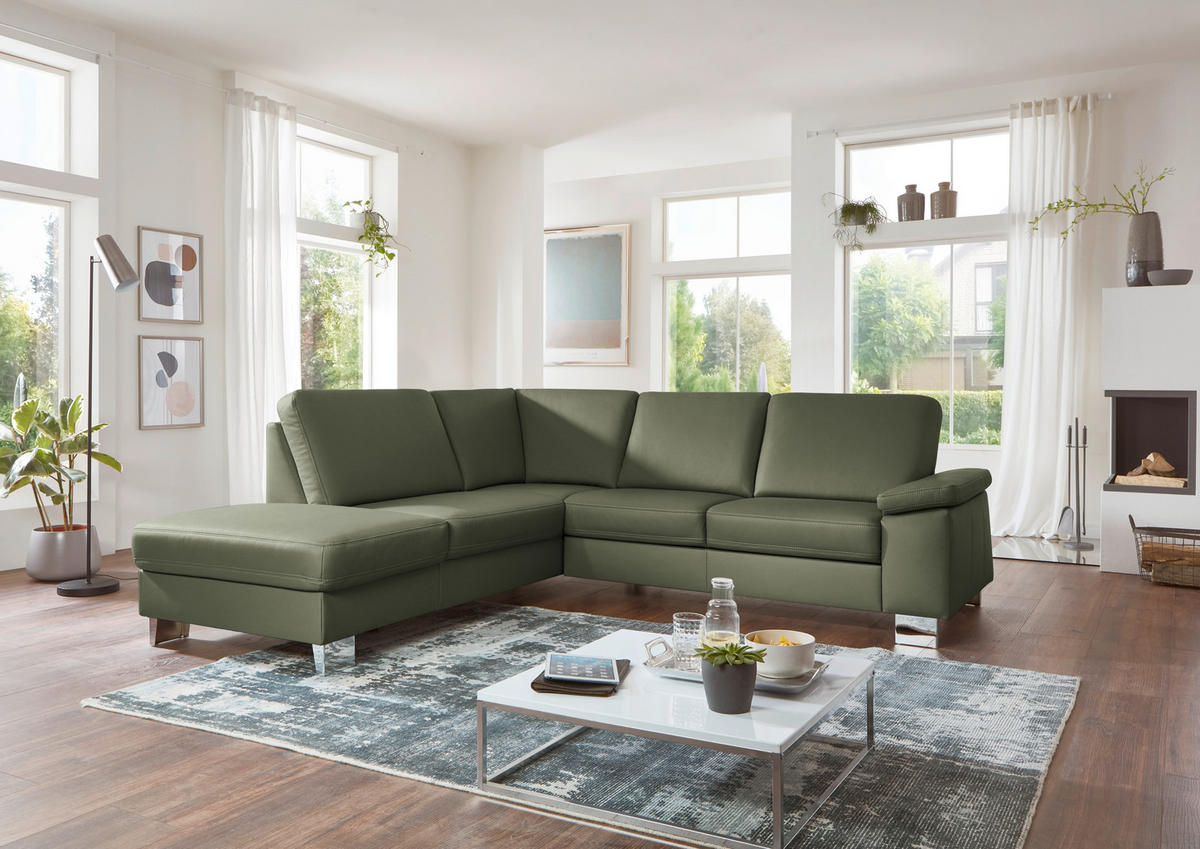 ECKSOFA  in Echtleder Olivgrün  235/248 cm  - Alufarben/Olivgrün, Design, Leder/Metall (235/248cm) - Beldomo Premium