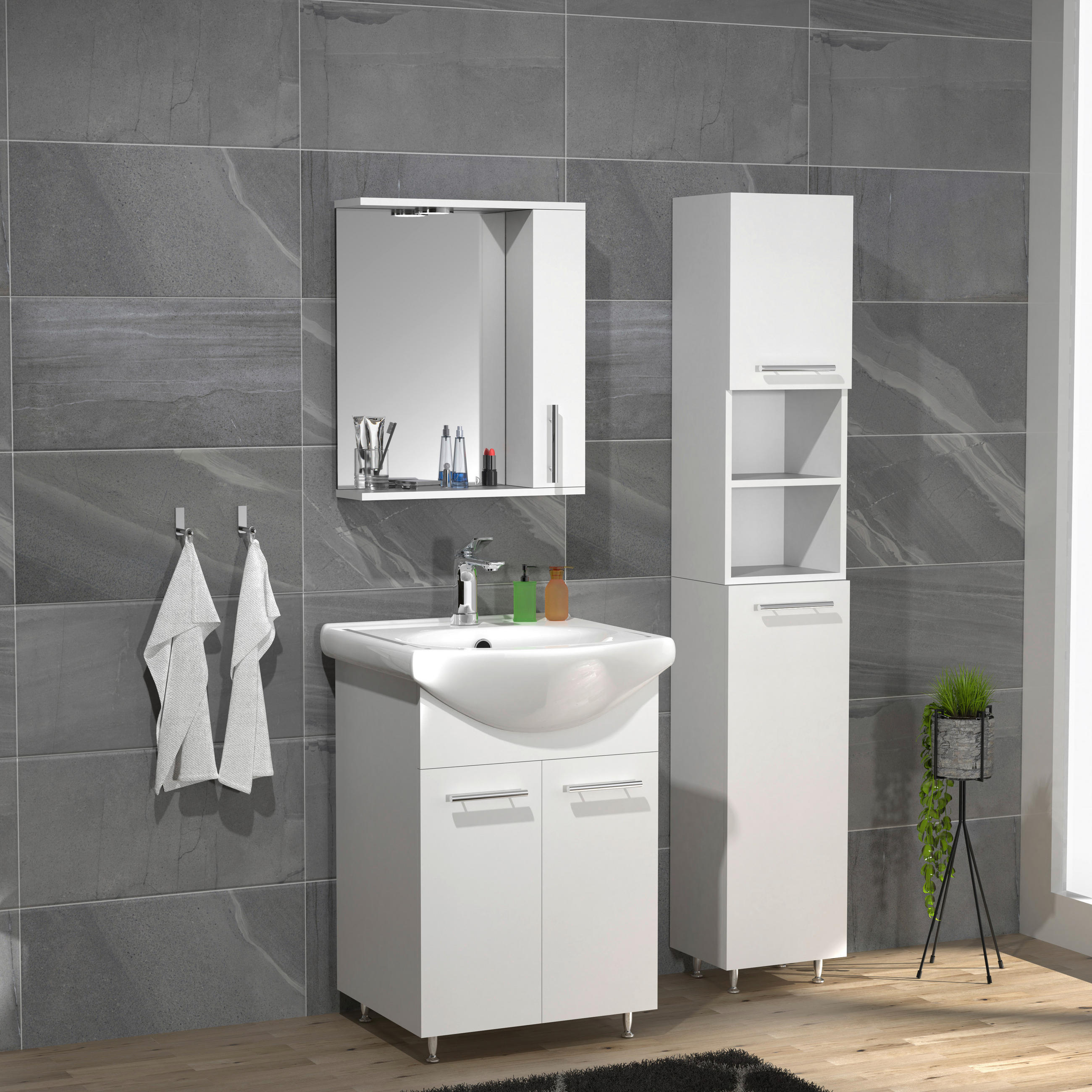 BADEZIMMER 4-teilig  in 80 cm  - Weiss/Silberfarben, Modern, Glas/Keramik (80cm) - MID.YOU