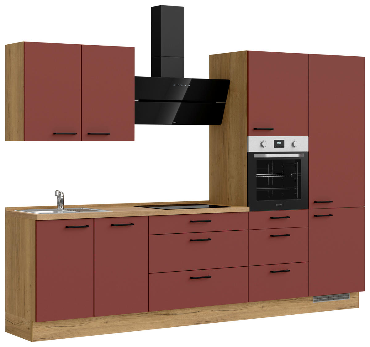 KÜCHENBLOCK 300 cm   in Eichefarben, Dunkelrot  - Eichefarben/Schwarz, MODERN, Holzwerkstoff/Metall (300cm) - Nobilia