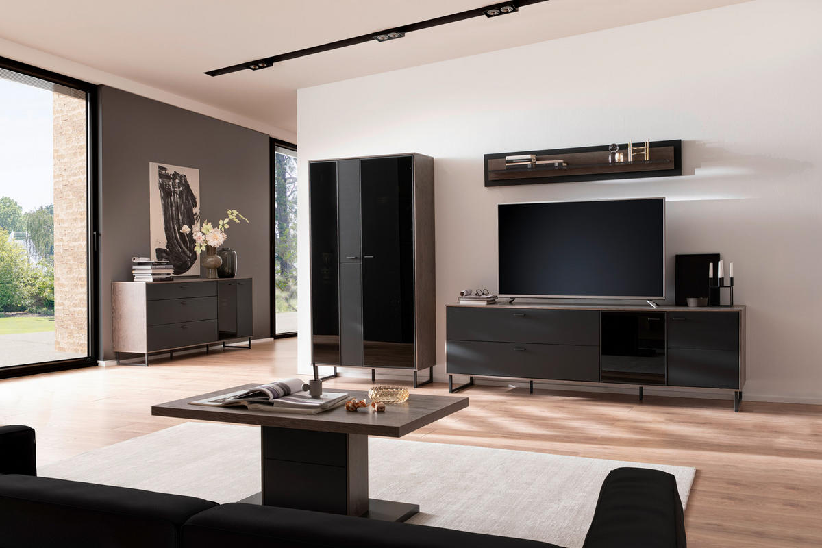 WOHNWAND  in Schwarz, Eichefarben  321/185/50 cm  - Eichefarben/Anthrazit, Design, Glas/Holz (321/185/50cm) - MID.YOU