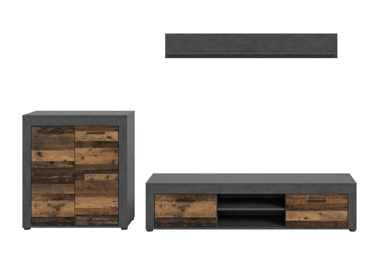 WOHNWAND 3-teilig  in Naturfarben, Grau  255/159/35 cm  - Schwarz/Naturfarben, Design, Holzwerkstoff/Kunststoff (255/159/35cm) - MID.YOU