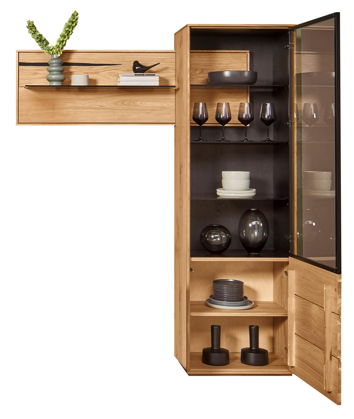 VITRINE  in furniert Wildeiche Braun, Schwarz, Eichefarben - Eichefarben/Schwarz, Natur, Glas/Holz (154/192/40cm) - Waldwelt