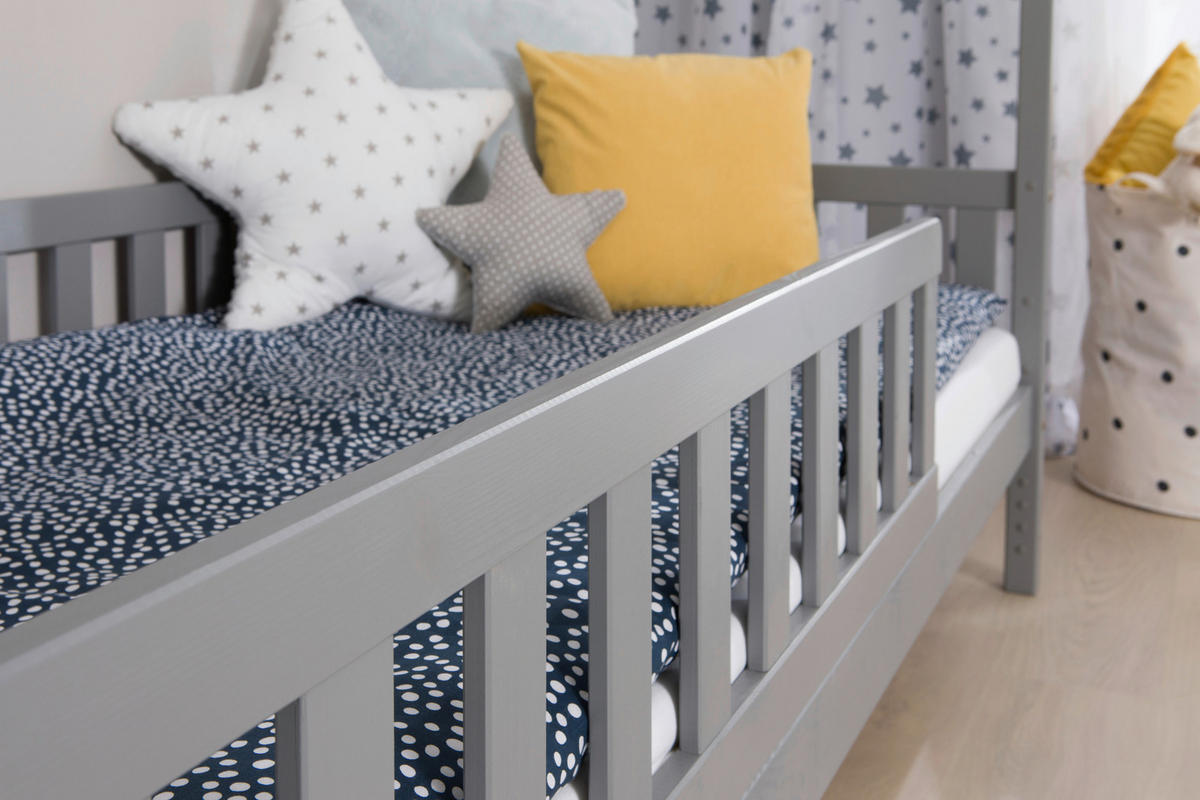 HAUSBETT  in Hellgrau, Absturzsicherung, Matratze, Rollrost, Bettkasten  - Hellgrau/Weiß, MODERN, Holz/Textil (90/200cm) - MID.YOU