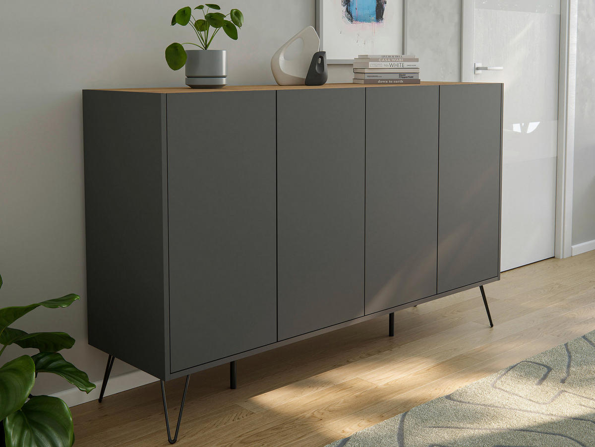 SIDEBOARD Posseik Industrial 155/93,6/42 cm  - Eichefarben/Graphitfarben, Design, Holzwerkstoff/Metall (155/93,6/42cm) - P & B