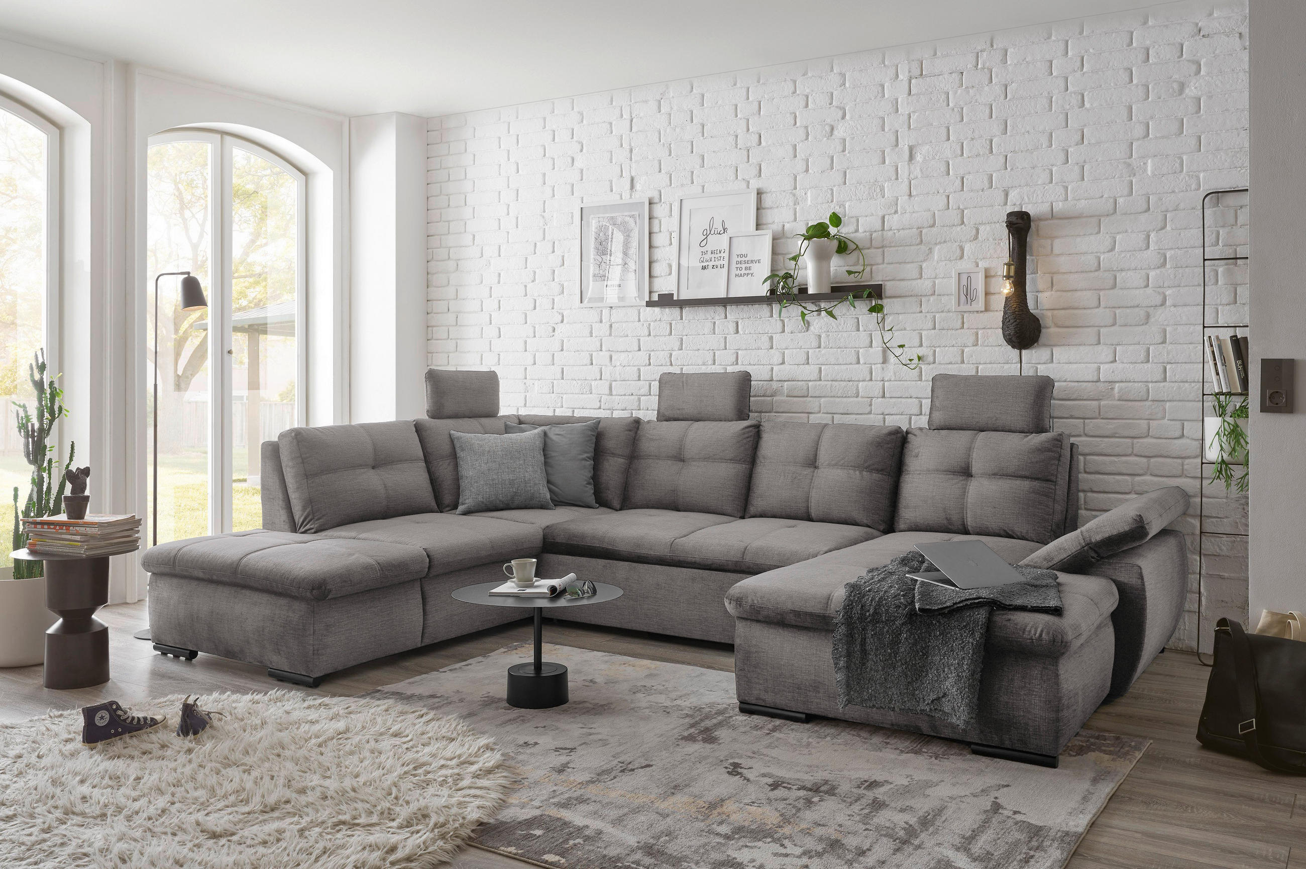 WOHNLANDSCHAFT in Mikrovelours Hellgrau  - Hellgrau/Schwarz, Konventionell, Kunststoff/Textil (217/334/127cm) - Carryhome