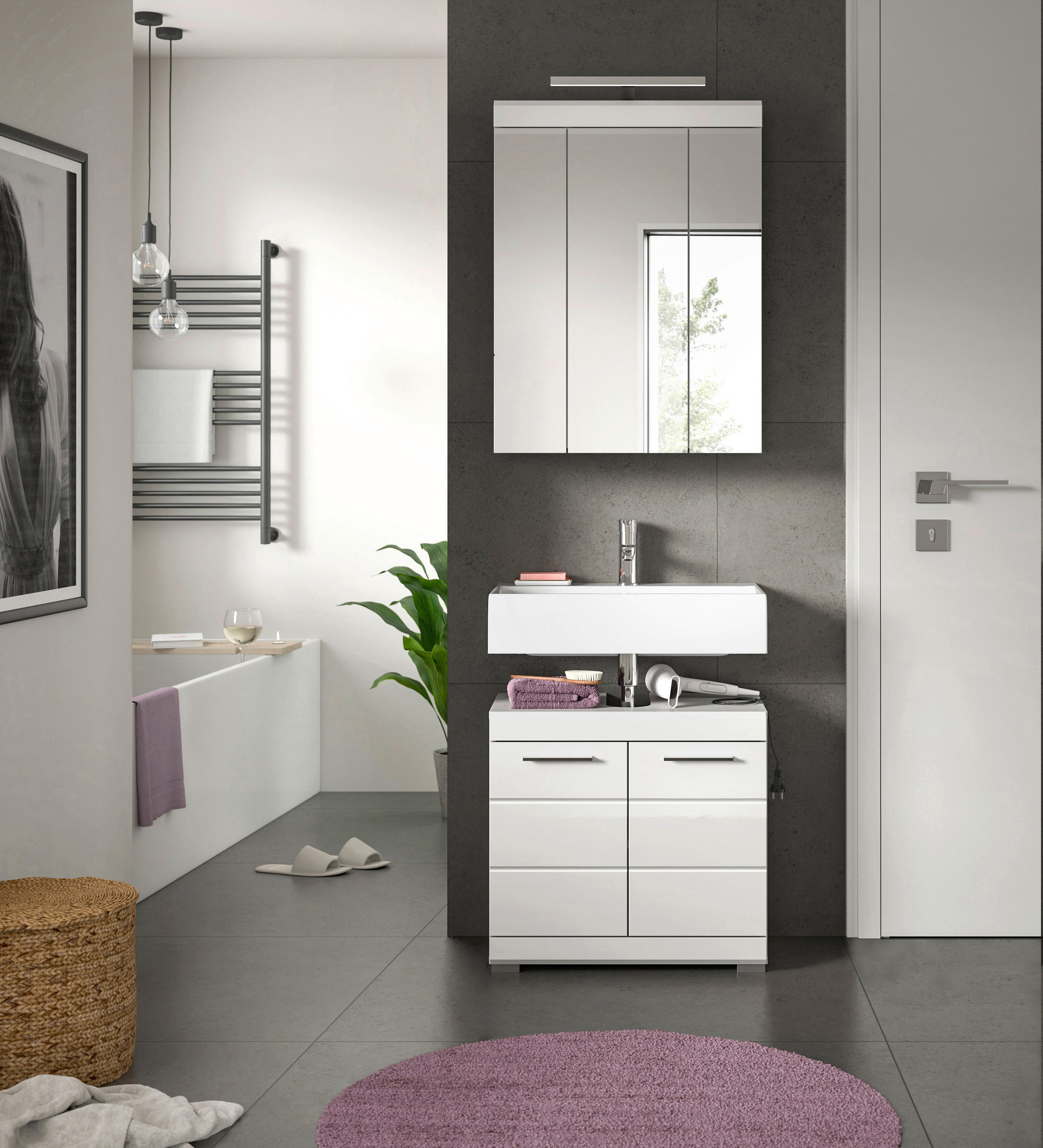 BADEZIMMER 2-teilig  in 60 cm  - Weiß Hochglanz/Silberfarben, MODERN, Glas/Holzwerkstoff (60cm) - MID.YOU