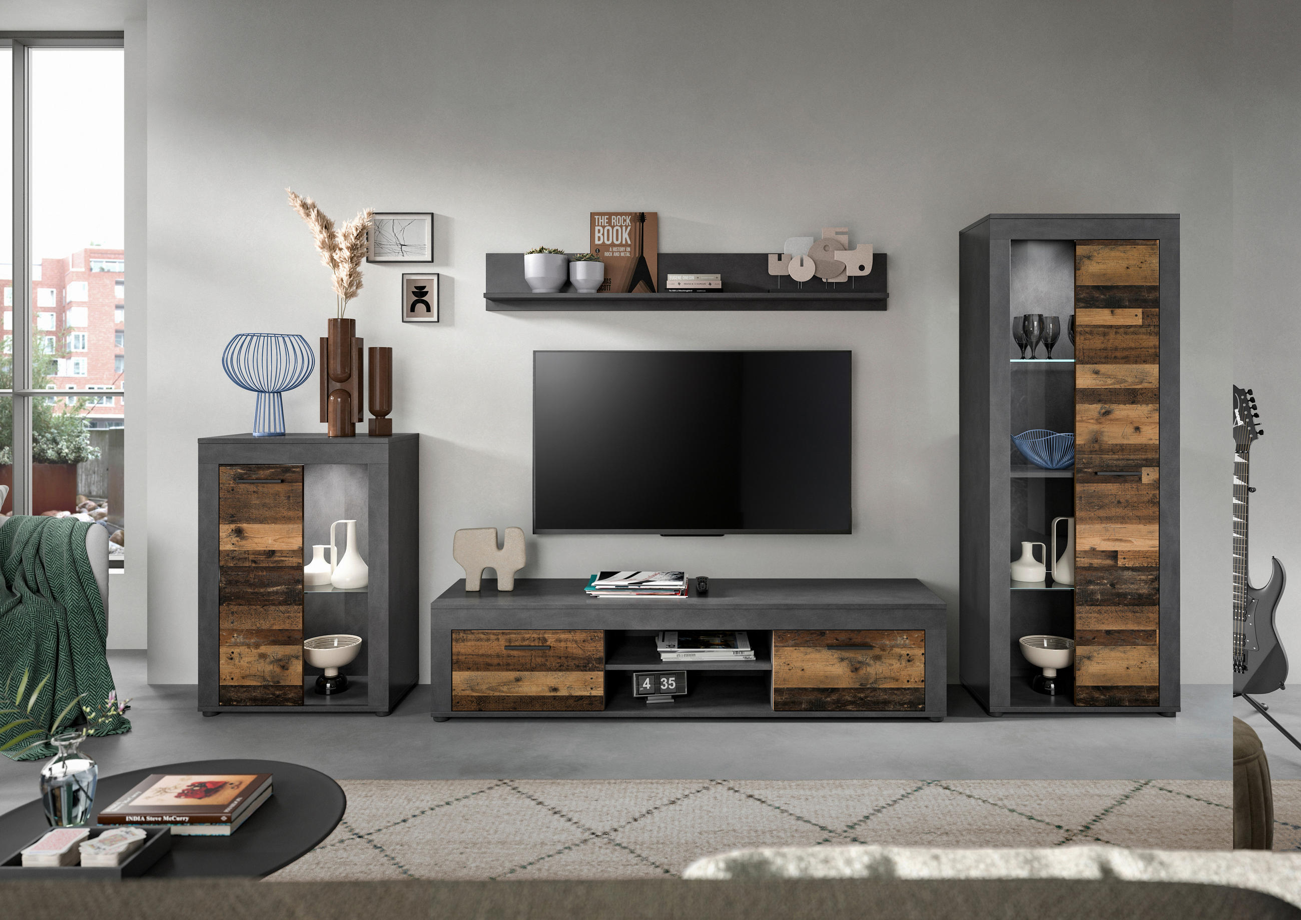 WOHNWAND 4-teilig  in Grau, Naturfarben  310/169/35 cm  - Schwarz/Naturfarben, Design, Glas/Holzwerkstoff (310/169/35cm) - MID.YOU