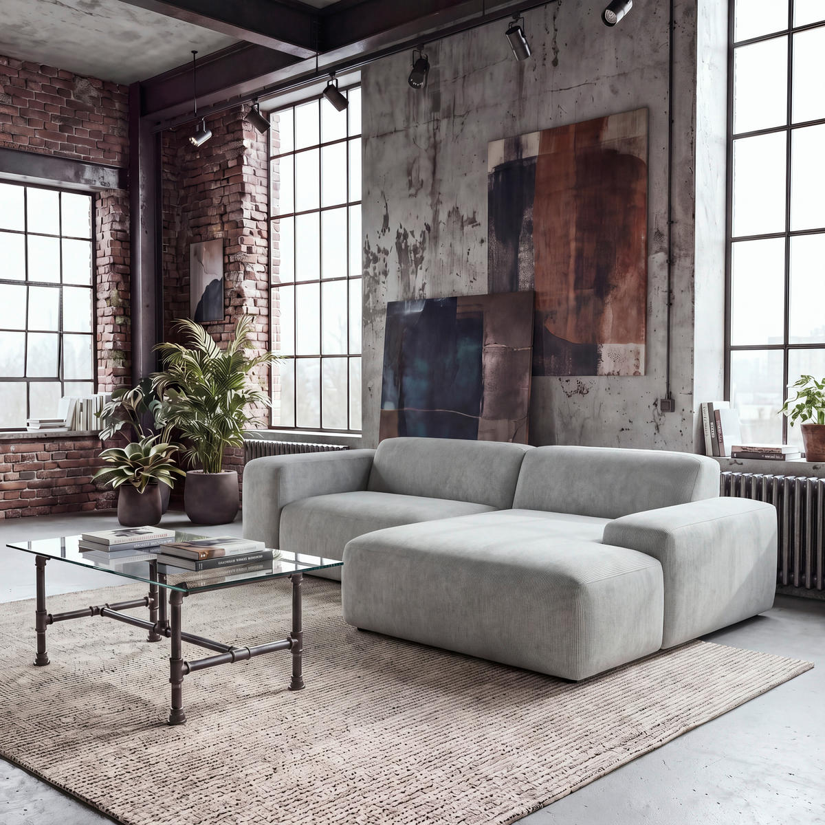 ECKSOFA HANNAH Hellgrau Cord  - Hellgrau/Schwarz, Design, Kunststoff/Textil (252/170cm) - MID.YOU