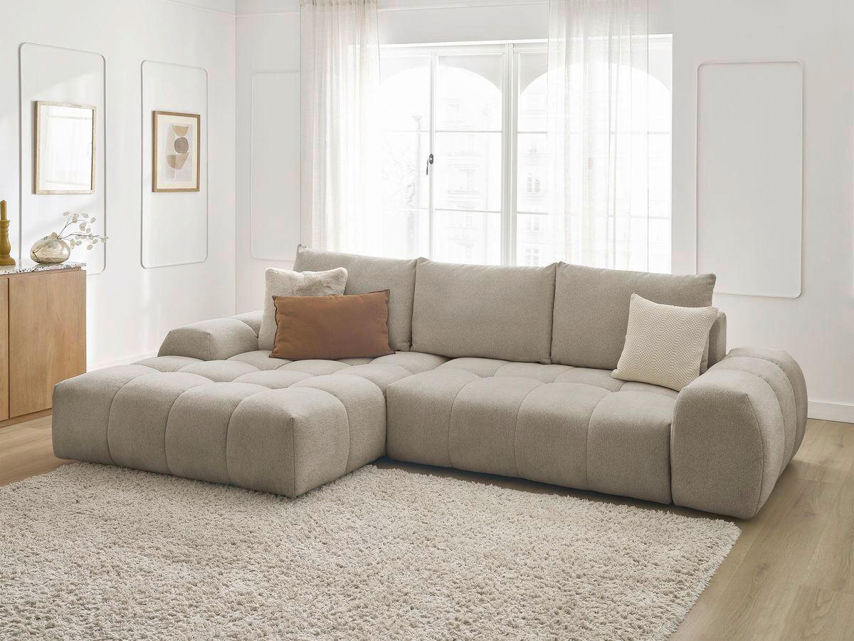 ECKSCHLAFSOFA EVEREST  mit Rücken echt, Armteil links, Armteil rechts Flachgewebe Taupe  - Taupe/Schwarz, MODERN, Kunststoff/Textil (180/318cm) - Livetastic