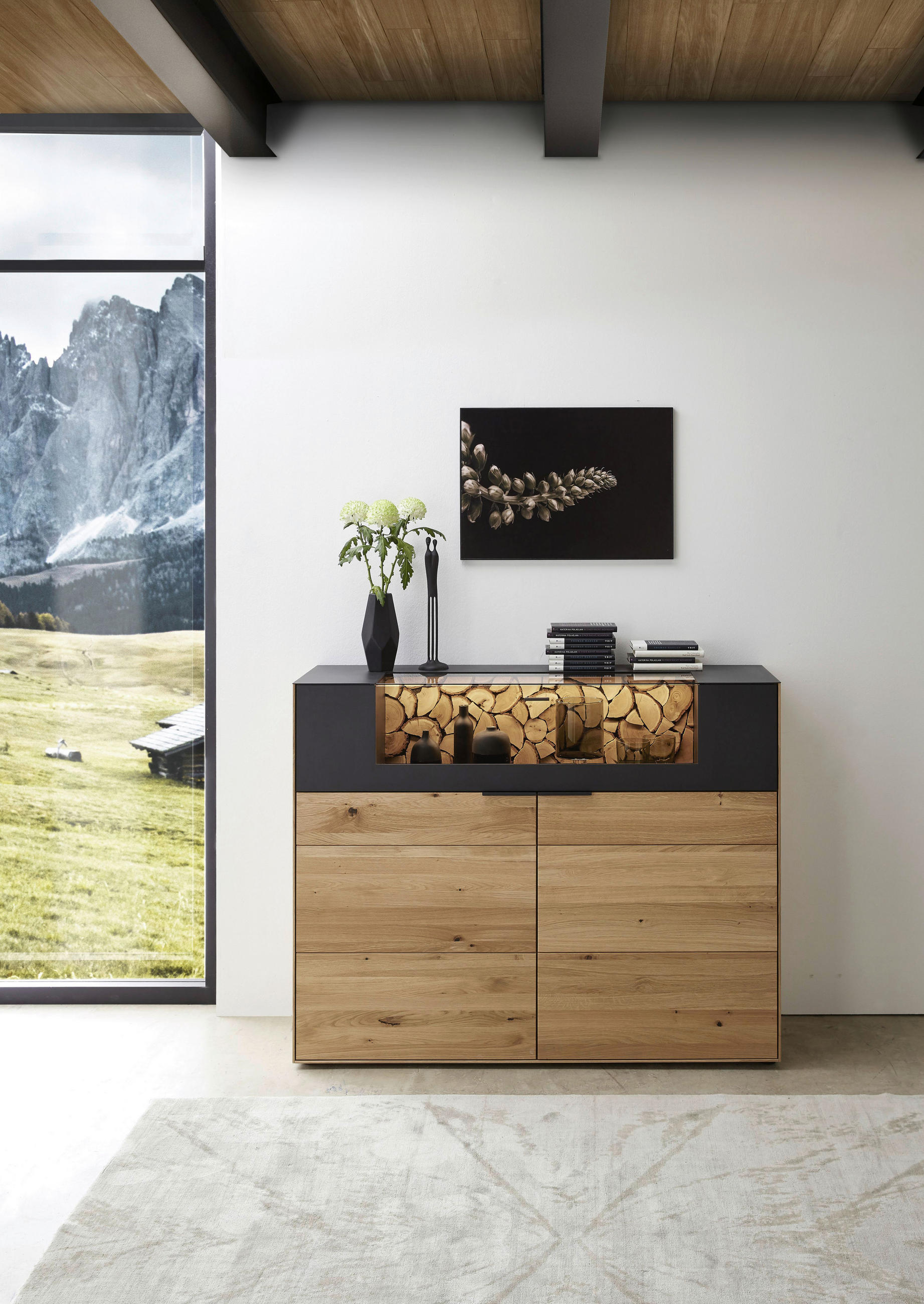 HIGHBOARD Schwarz, Eichefarben  145,9/115,4/45,2 cm  - Eichefarben/Schwarz, Design, Glas/Holz (145,9/115,4/45,2cm) - Valdera