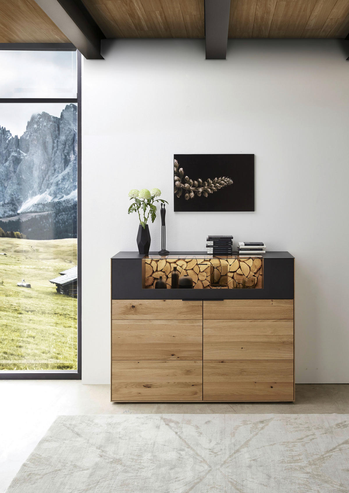 HIGHBOARD Schwarz, Eichefarben  145,9/115,4/45,2 cm  - Eichefarben/Schwarz, Design, Glas/Holz (145,9/115,4/45,2cm) - Valdera