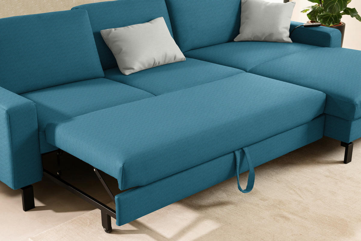 ECKSOFA Cord Petrol  - Petrol/Schwarz, Design, Textil/Metall (298/185cm) - Pure Home Lifestyle