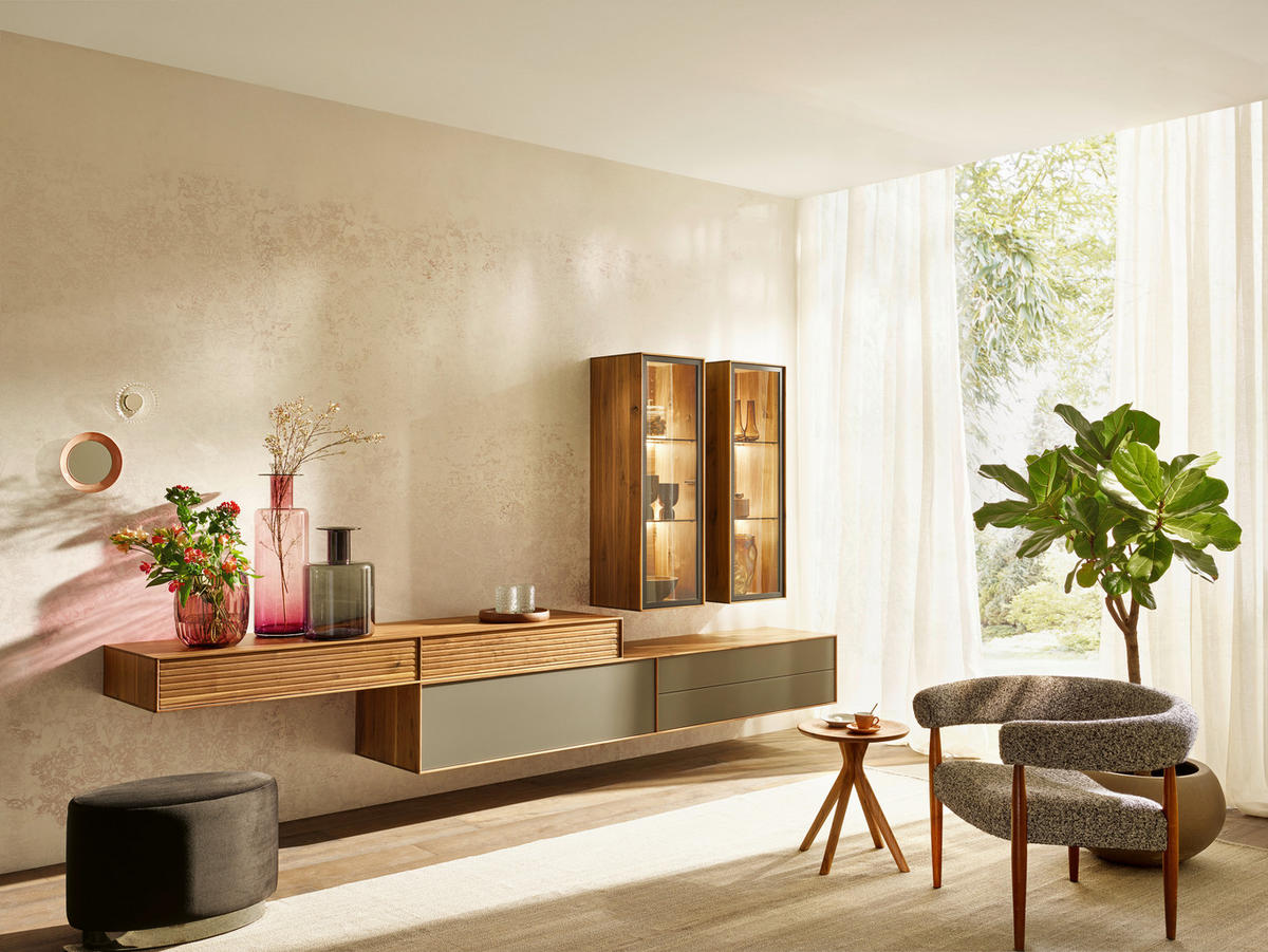 WOHNWAND  in Nussbaumfarben, Greige  336,8/184,2/47 cm  - Greige/Nussbaumfarben, Design, Glas/Holz (336,8/184,2/47cm) - Anrei