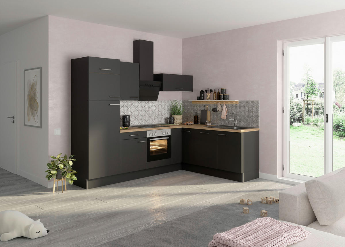 ECKKÜCHE 270/200 cm  in Anthrazit  - Edelstahlfarben/Eichefarben, Basics, Holzwerkstoff/Metall (270/200cm) - Optifit
