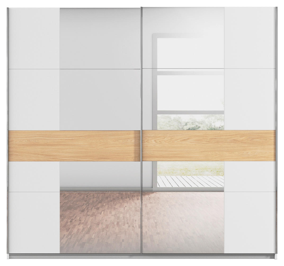 SCHWEBETÜRENSCHRANK 225/210/57 cm 2-türig Weiß, Eichefarben  - Chromfarben/Eichefarben, KONVENTIONELL, Holzwerkstoff/Metall (225/210/57cm) - Rauch Möbel