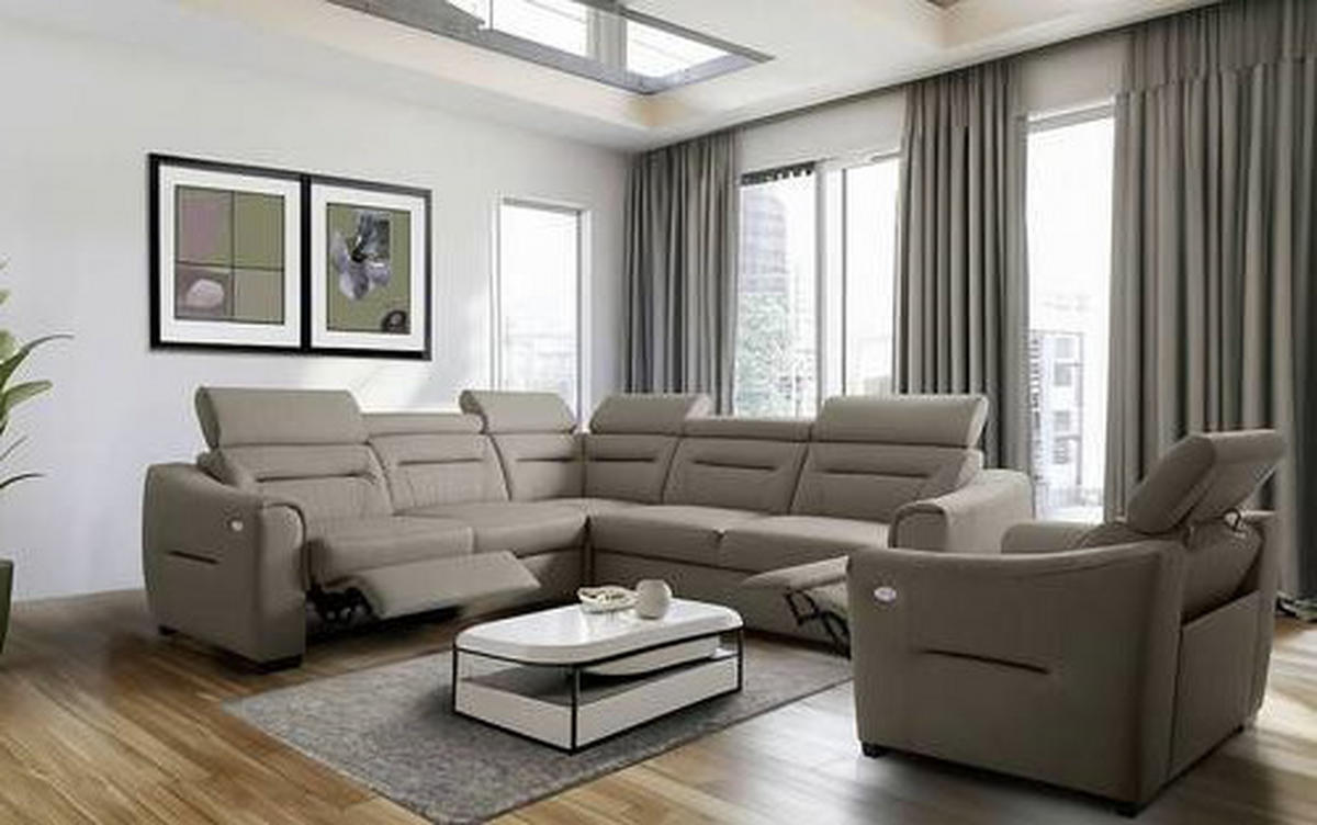 ECKSOFA Schlammfarben Echtleder Lederlook Schlaffunktion, Rücken echt, Relaxfunktion, Kopfteilverstellung  - Wengefarben/Schlammfarben, Design, Leder/Holz (260/260cm) - Celina Home